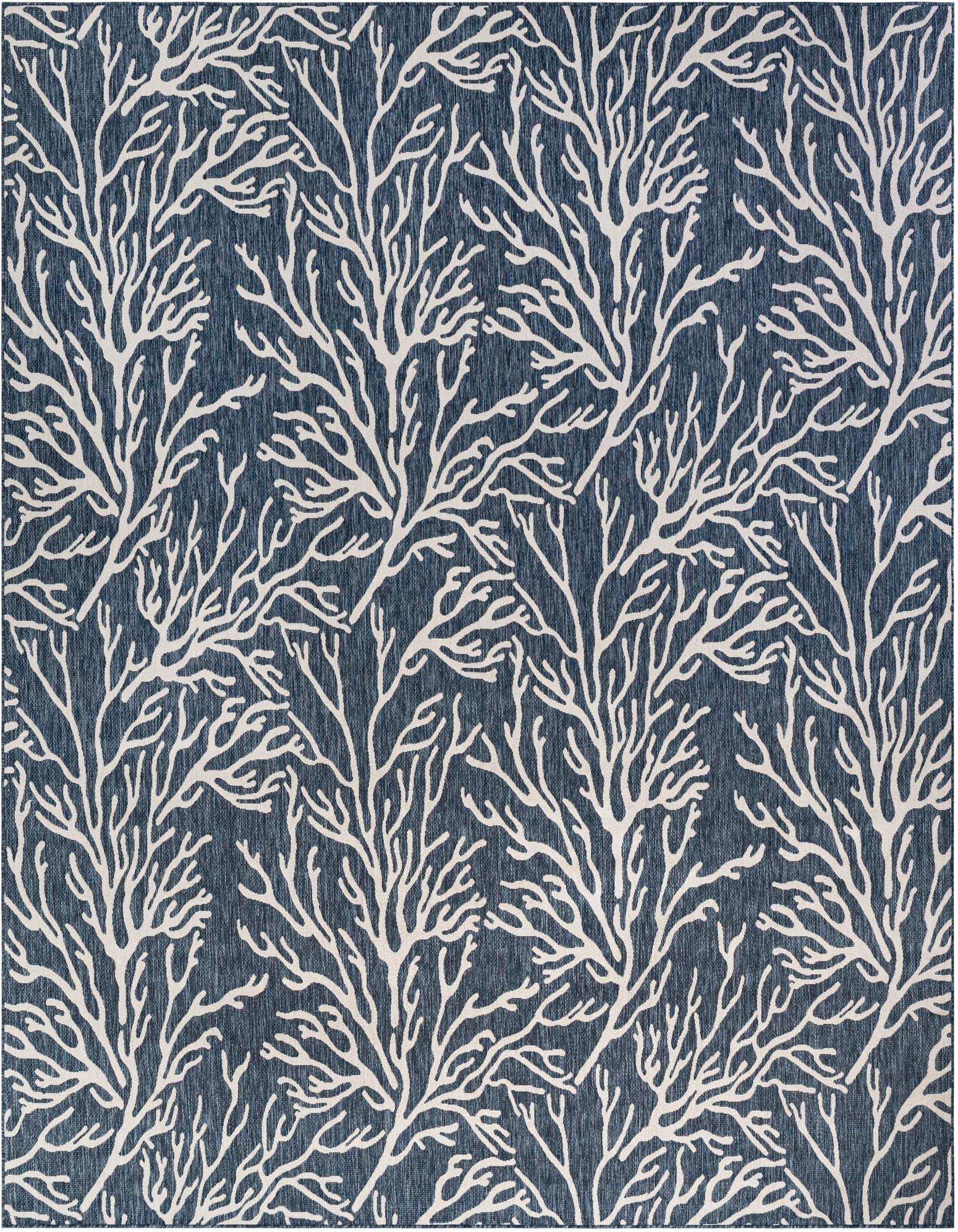 A 13' square indoor/outdoor rug featuring a vibrant blue background with a repeating white coral branch pattern.