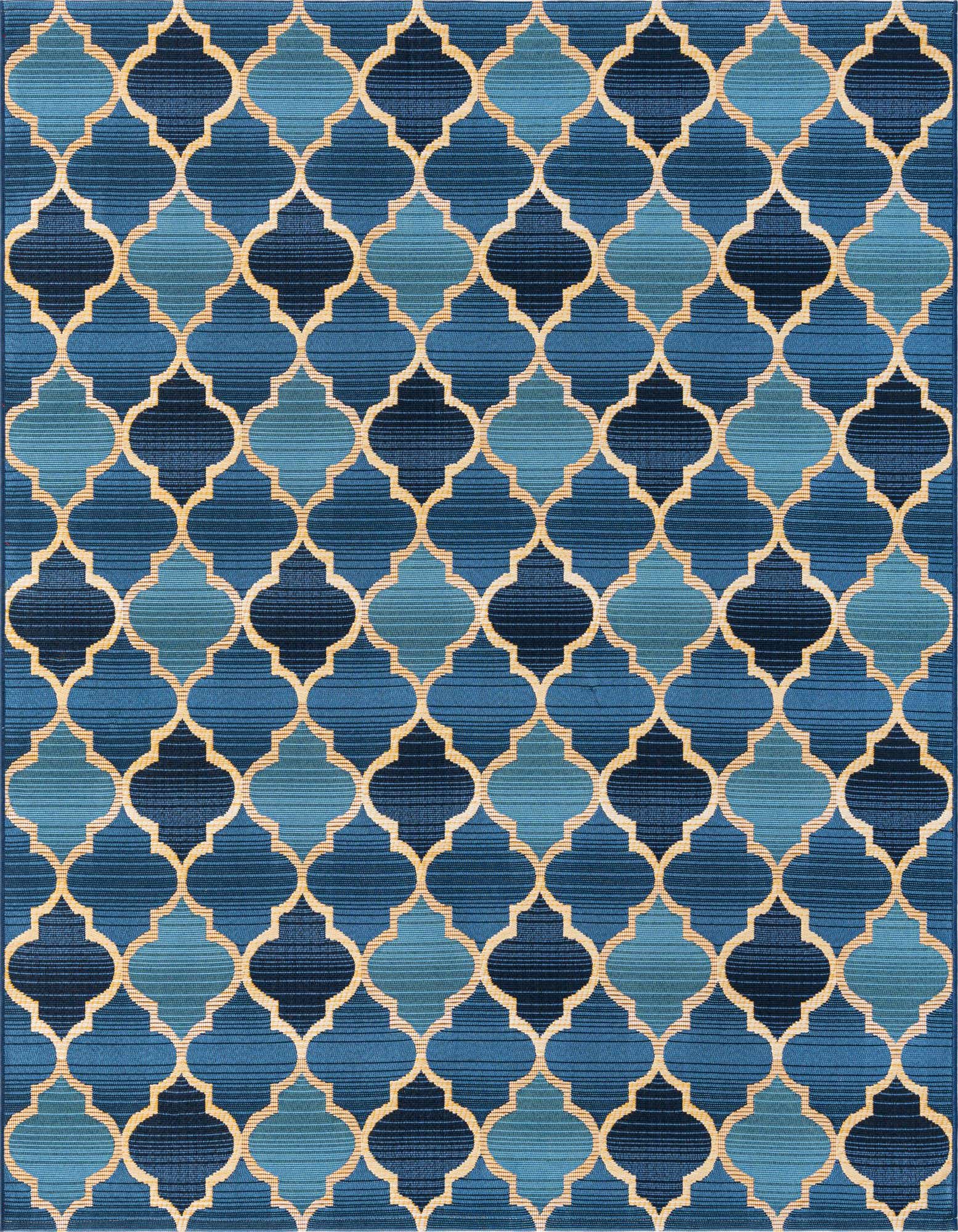 A square blue indoor/outdoor rug with a repeating gold trellis pattern over varying shades of blue stripes.