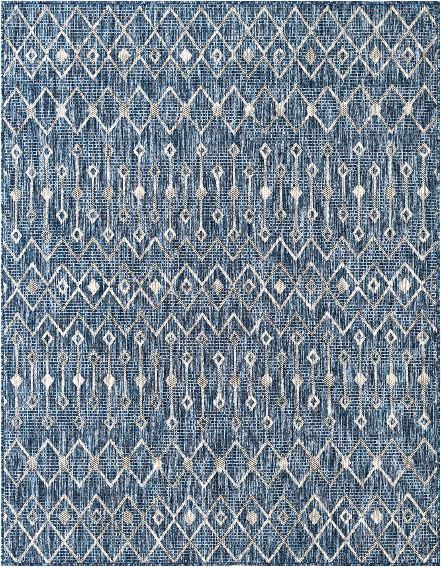 A 6x6 square blue and white flatweave rug with a modern tribal lattice pattern, suitable for indoor or outdoor use.