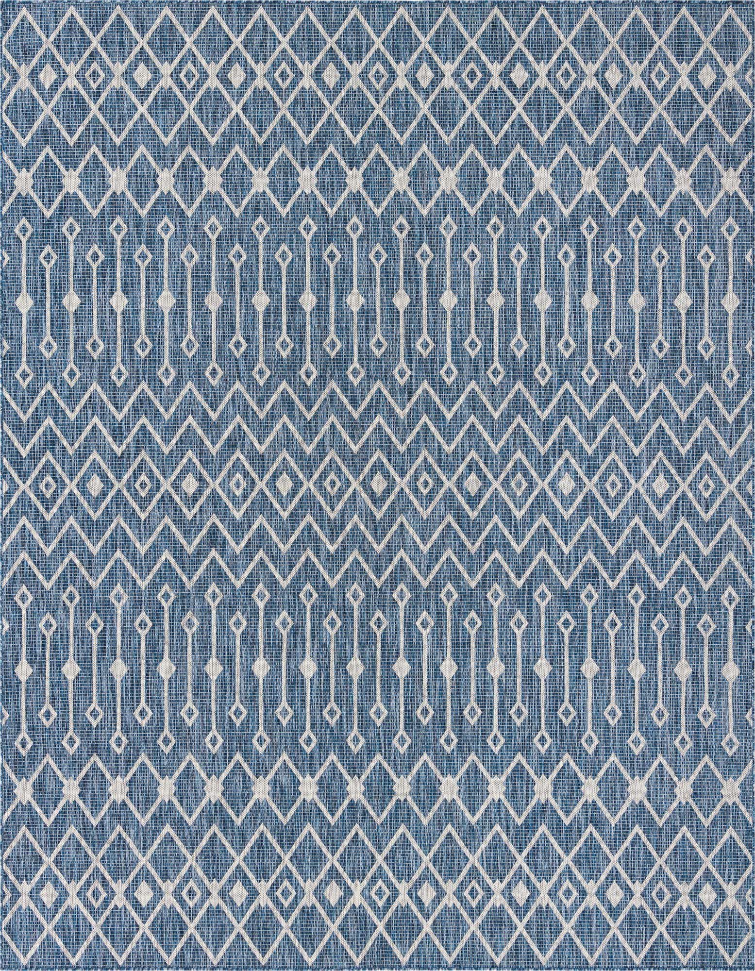 A 10'x10' square blue and white tribal geometric flatweave rug, ideal for indoor or outdoor spaces.