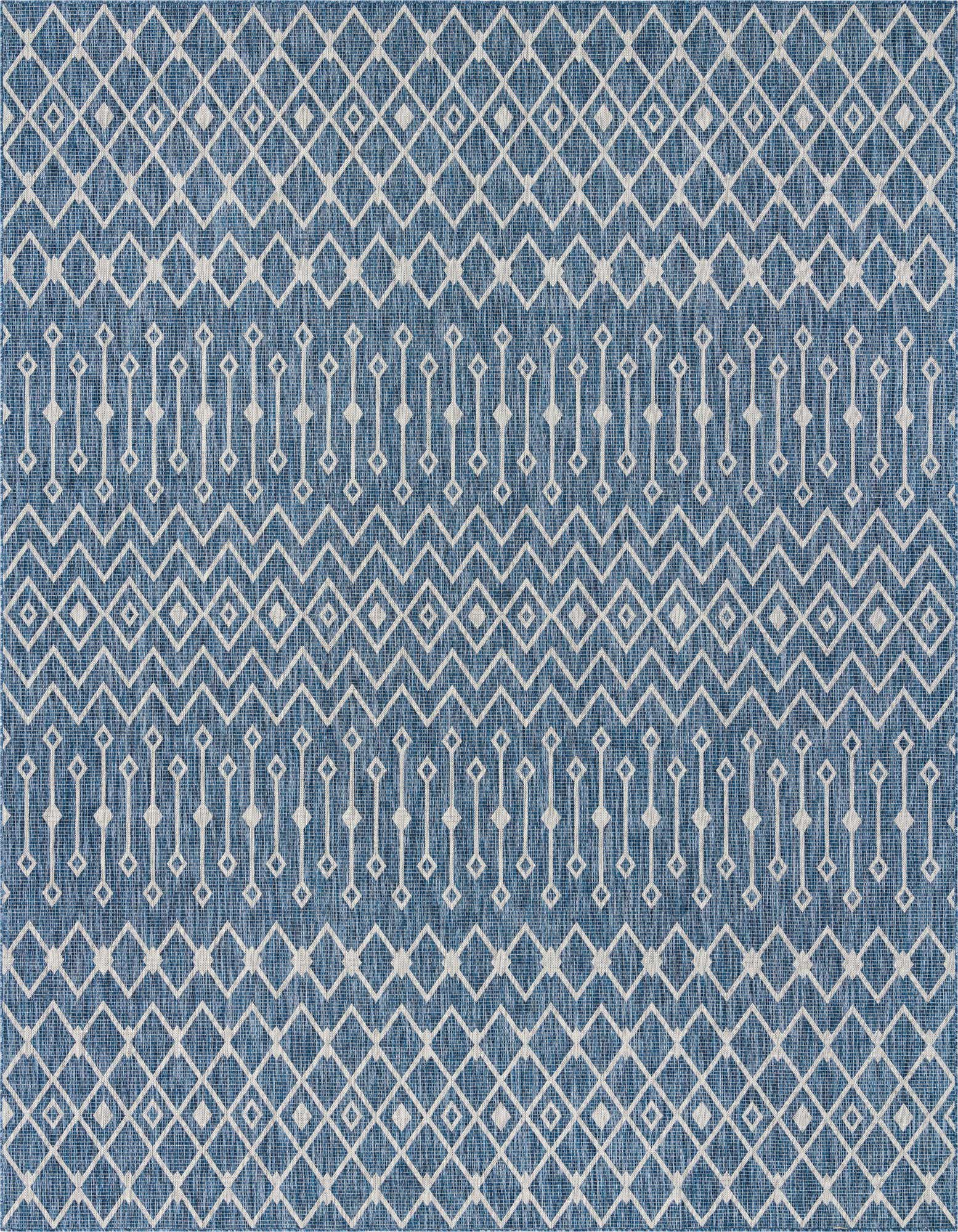 A 13' square blue indoor/outdoor rug with a modern trellis pattern in white, featuring geometric diamonds and vertical lines.