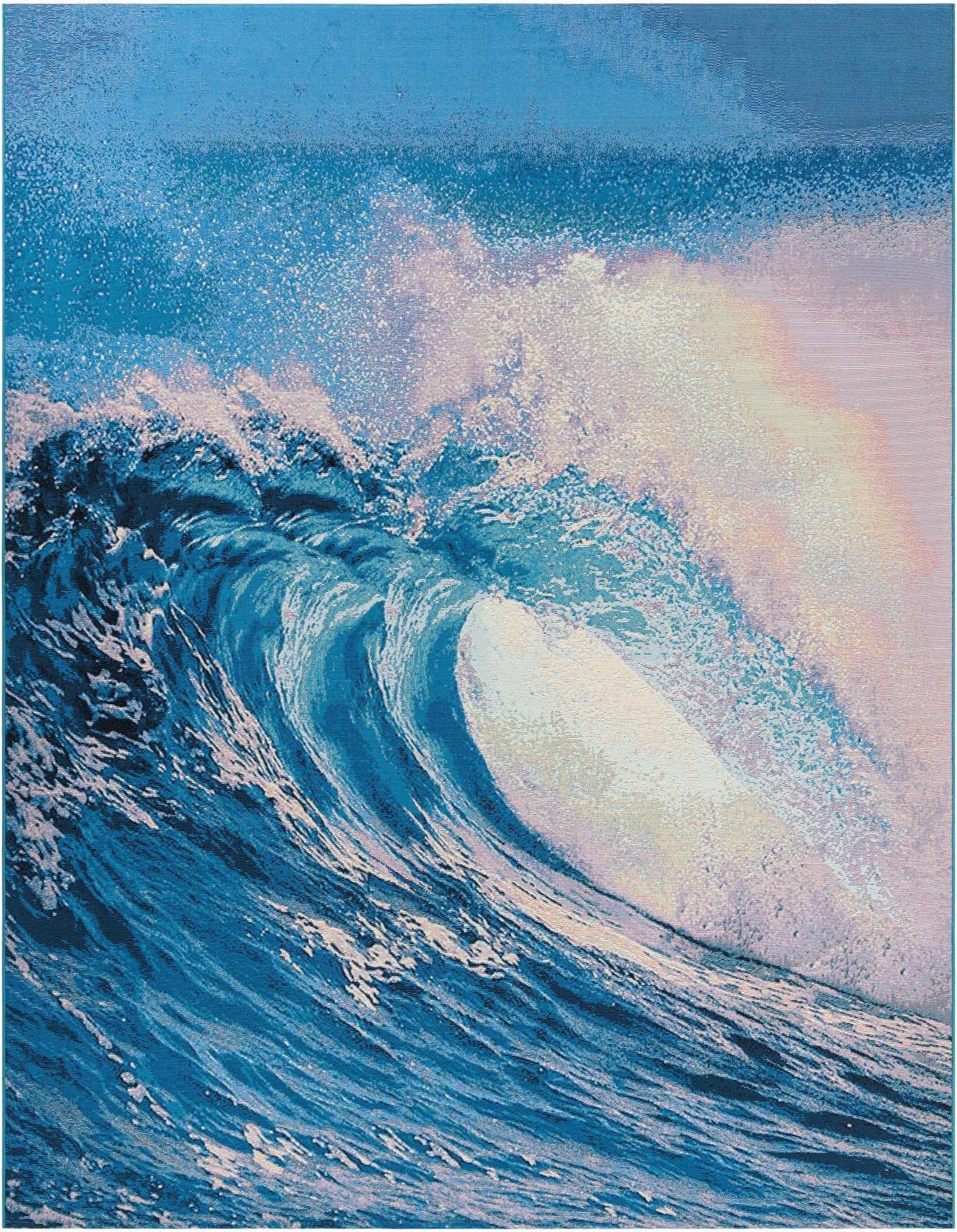 A large blue square rug depicting a powerful ocean wave crashing, with white foam and a subtle rainbow.