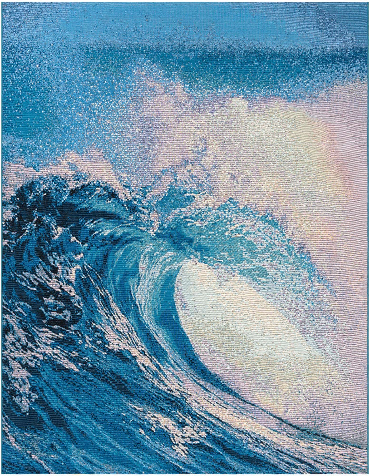 A square blue coastal rug featuring a large, crashing ocean wave with white foam, perfect for a patio.