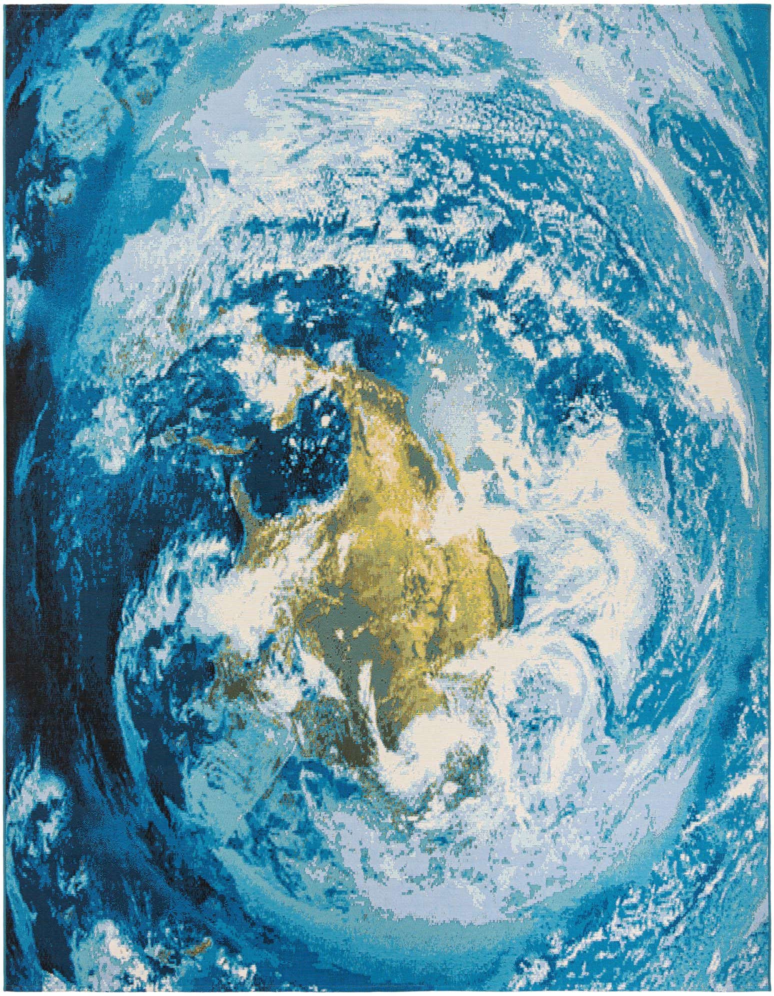 A 10'x10' square blue and white abstract rug depicting a swirling view of Earth from space, ideal for a patio.