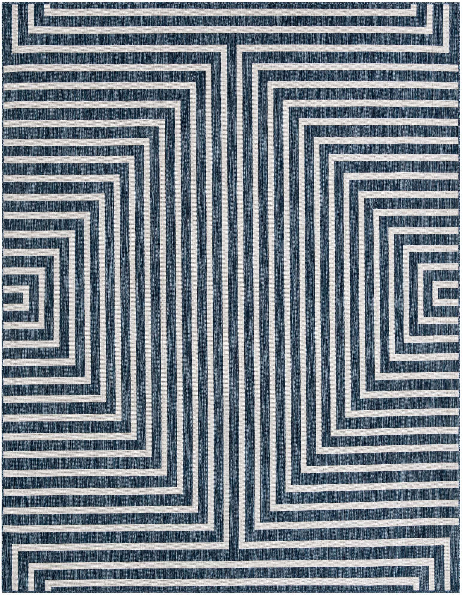 A 10'x10' square blue and white modern abstract rug with a bold geometric pattern of concentric squares and vertical stripes.