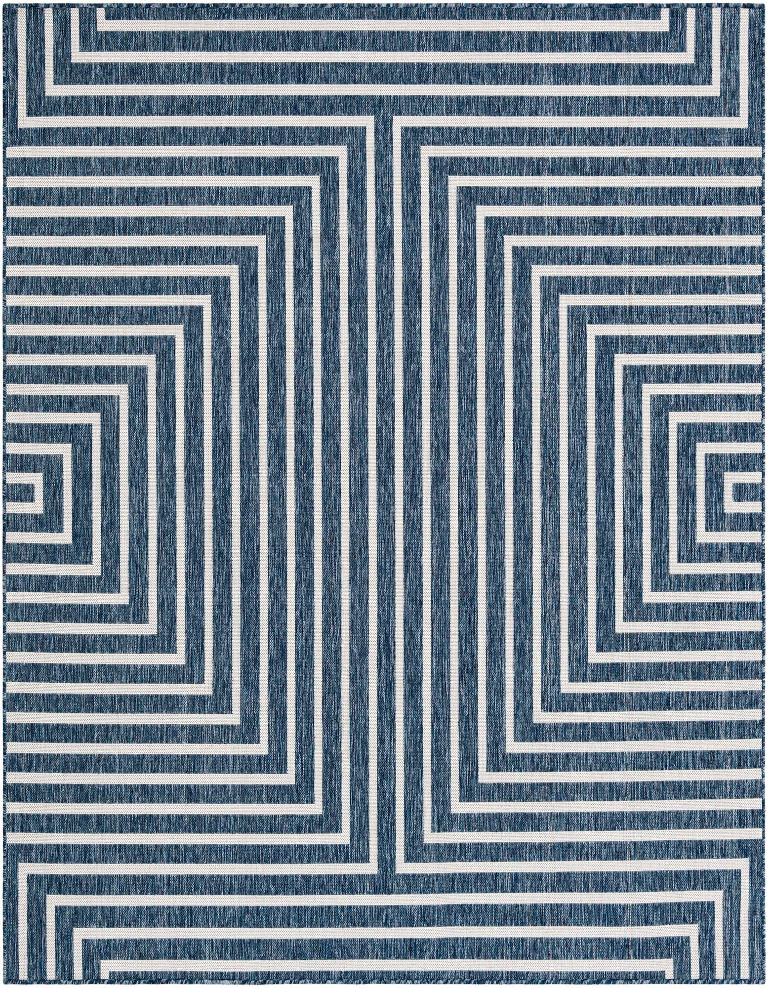 A 7' 10 x 7' 10 square blue and white modern abstract rug with a geometric pattern of concentric squares and vertical lines.