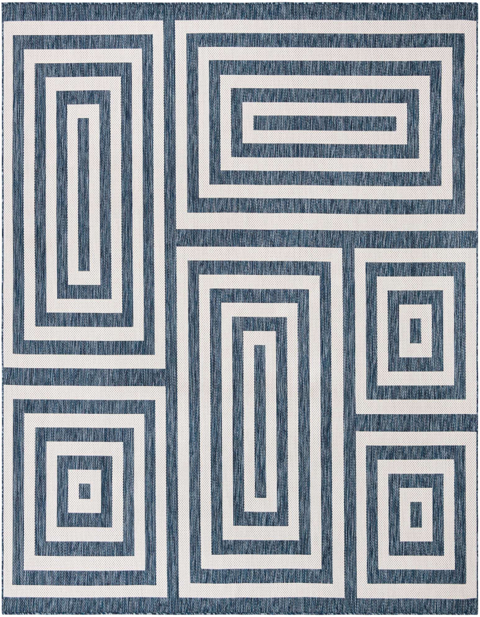 A 10x10 square blue and white modern abstract rug with a maze-like geometric pattern, suitable for indoor or outdoor use.