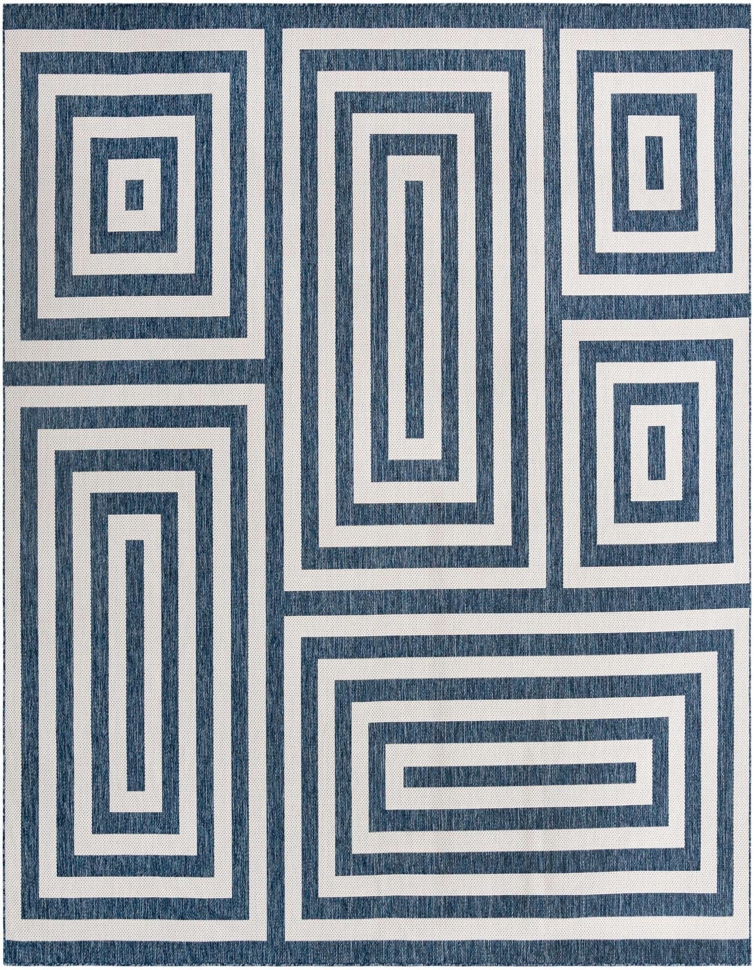 A 12'x12' square blue and white modern outdoor rug with a bold geometric abstract pattern of interlocking rectangles.