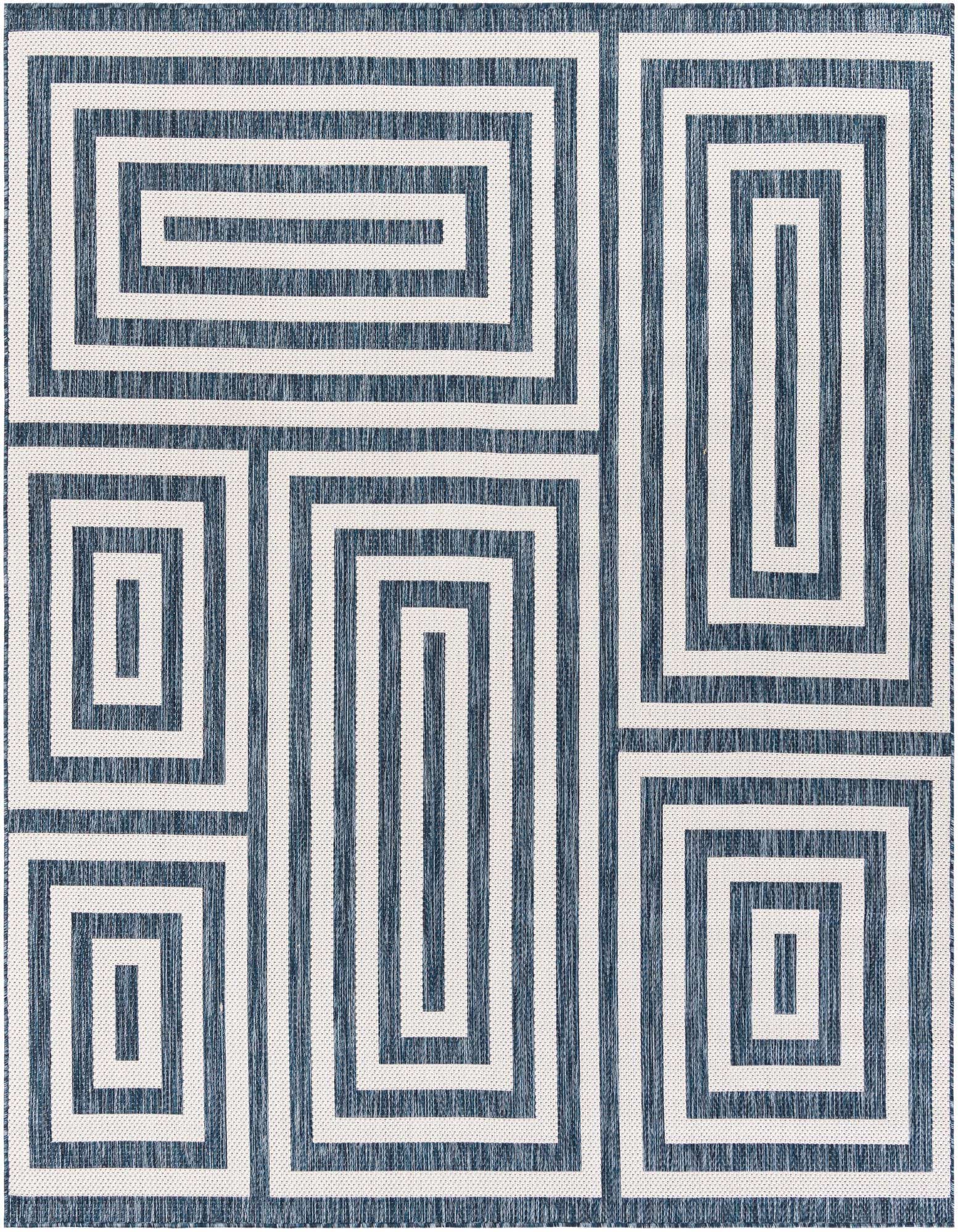 A 7'10 x 7'10 square blue and white modern abstract rug with a geometric maze-like pattern, suitable for indoor or outdoor use.