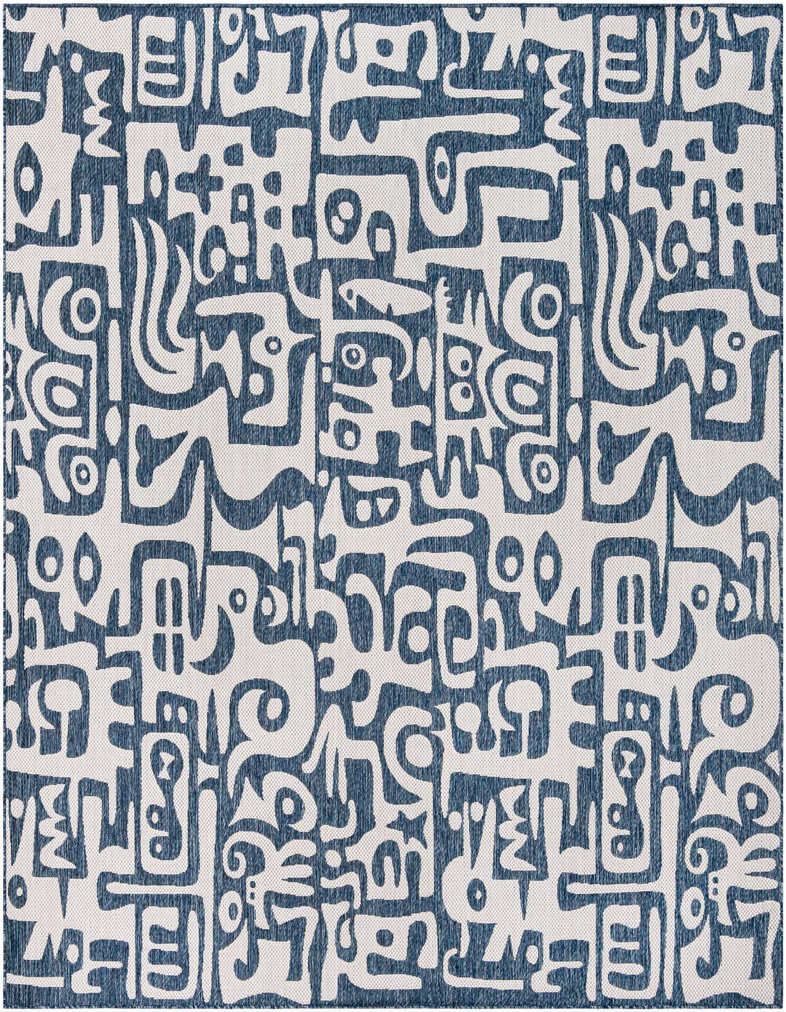 A 10'x10' square blue and white modern abstract rug with a flatweave texture, suitable for indoor or outdoor use.