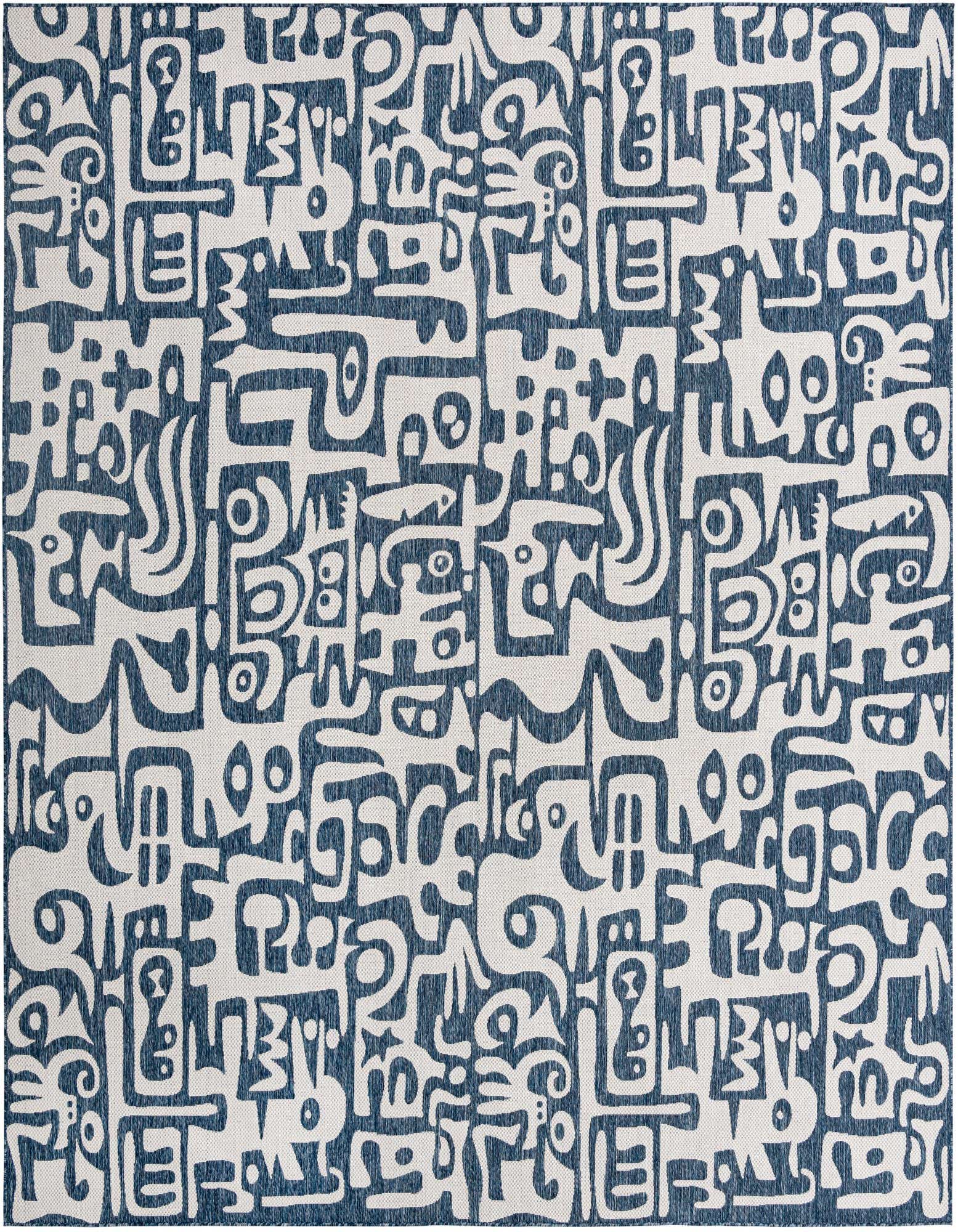 A 12'x12' square blue and white modern abstract rug with a flatweave texture, suitable for indoor/outdoor use.