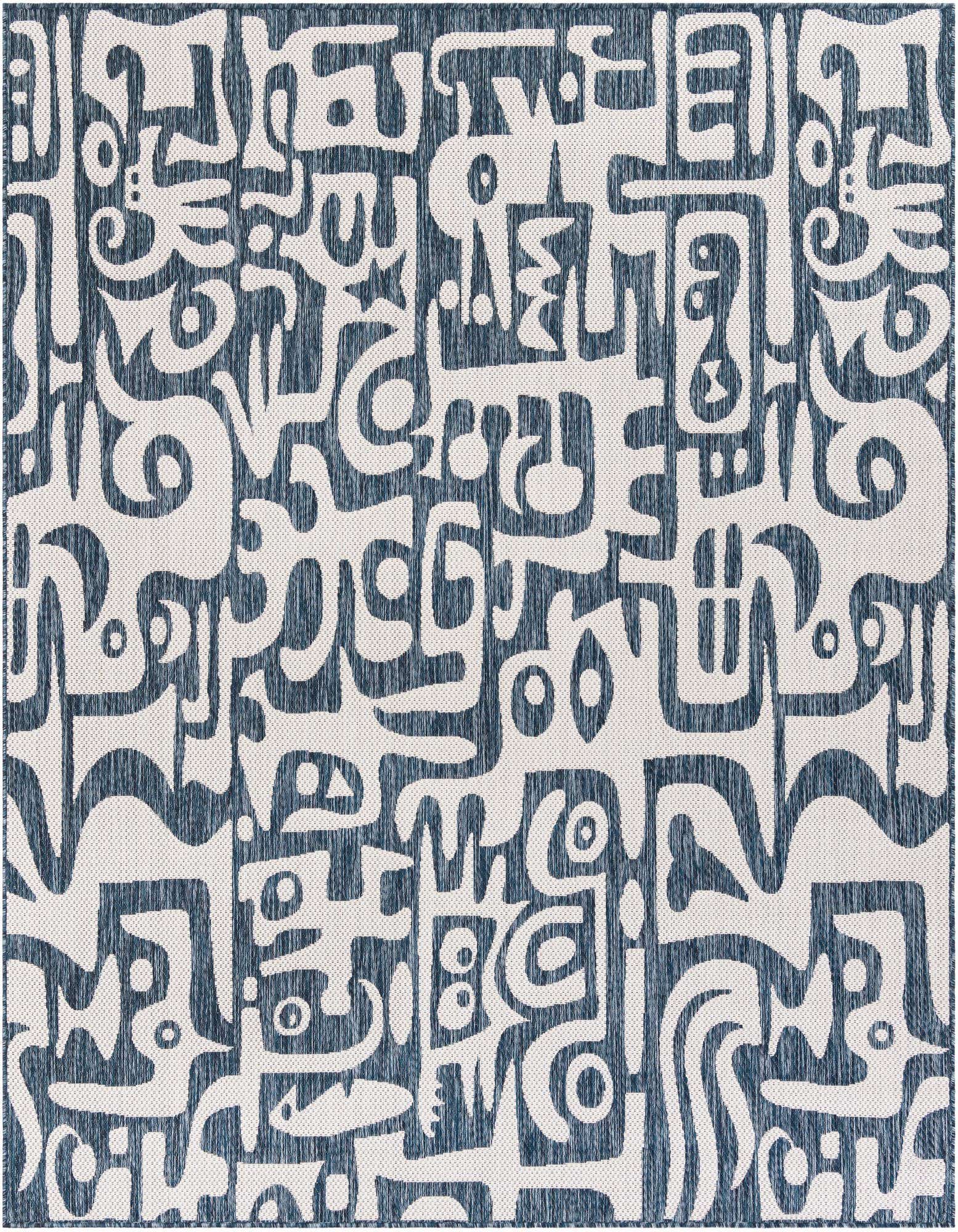 A 7' 10 x 7' 10 square blue and white modern abstract rug with a flatweave texture, suitable for an outdoor patio.