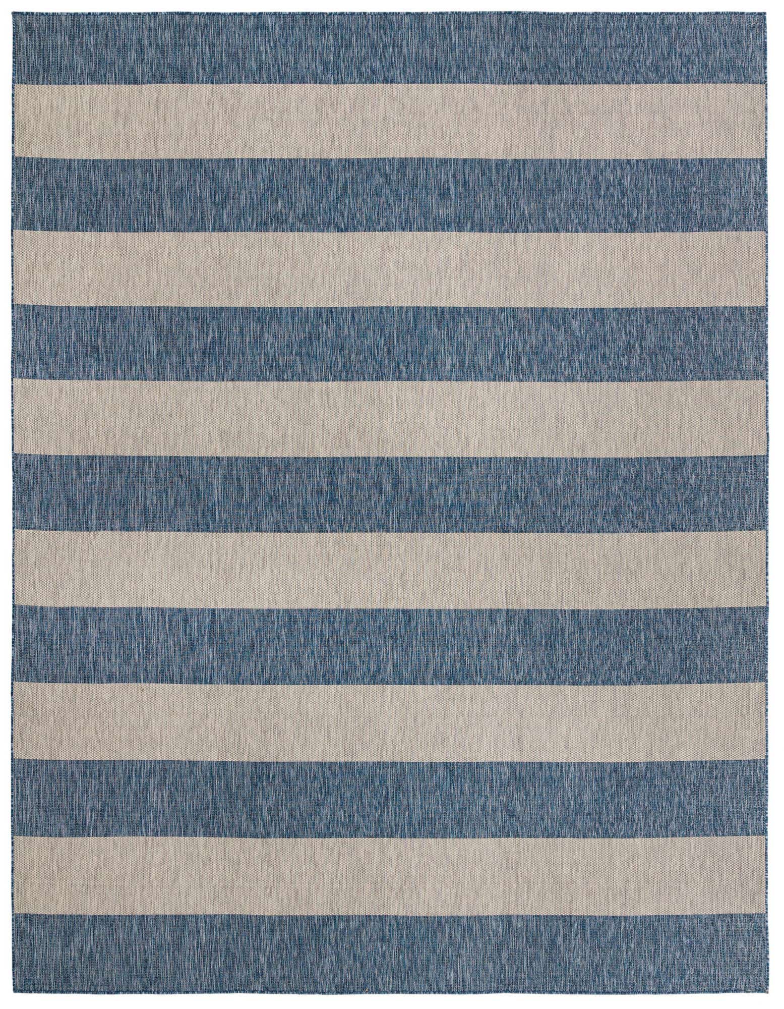 A large 13' square blue and beige striped indoor/outdoor rug, perfect for a patio or deck.