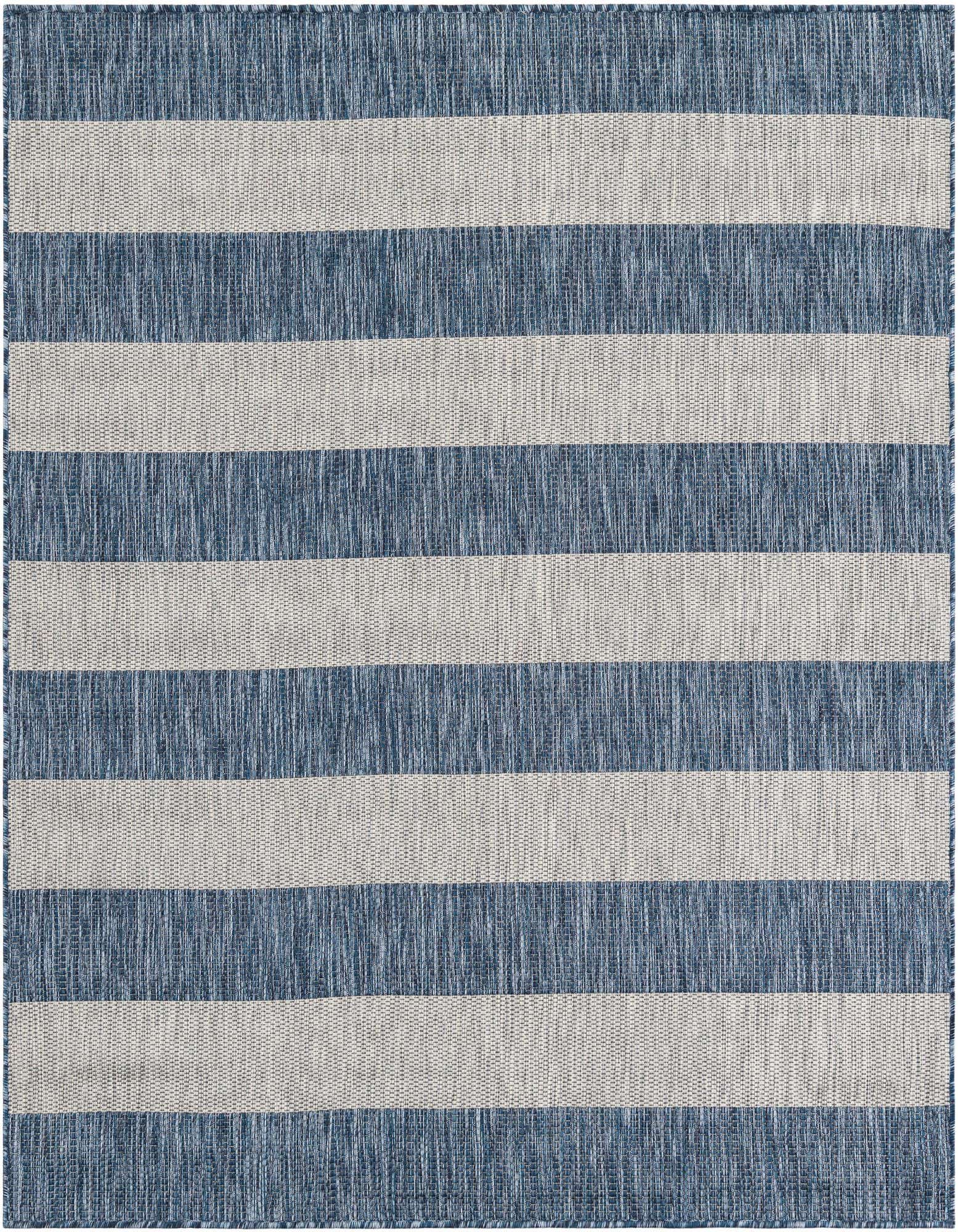 A 6'x6' square blue and white striped flatweave rug, perfect for a modern or coastal patio.