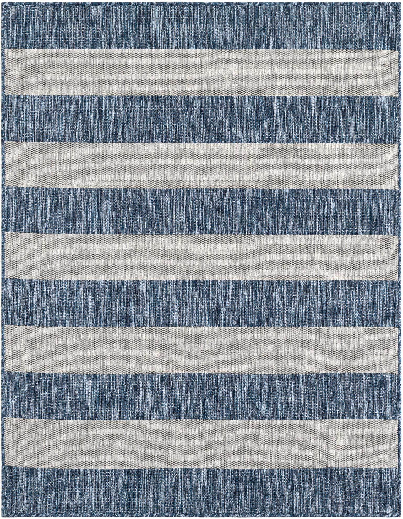 A 5' 3 x 5' 3 square indoor/outdoor rug with wide horizontal stripes in varying shades of blue and light gray.