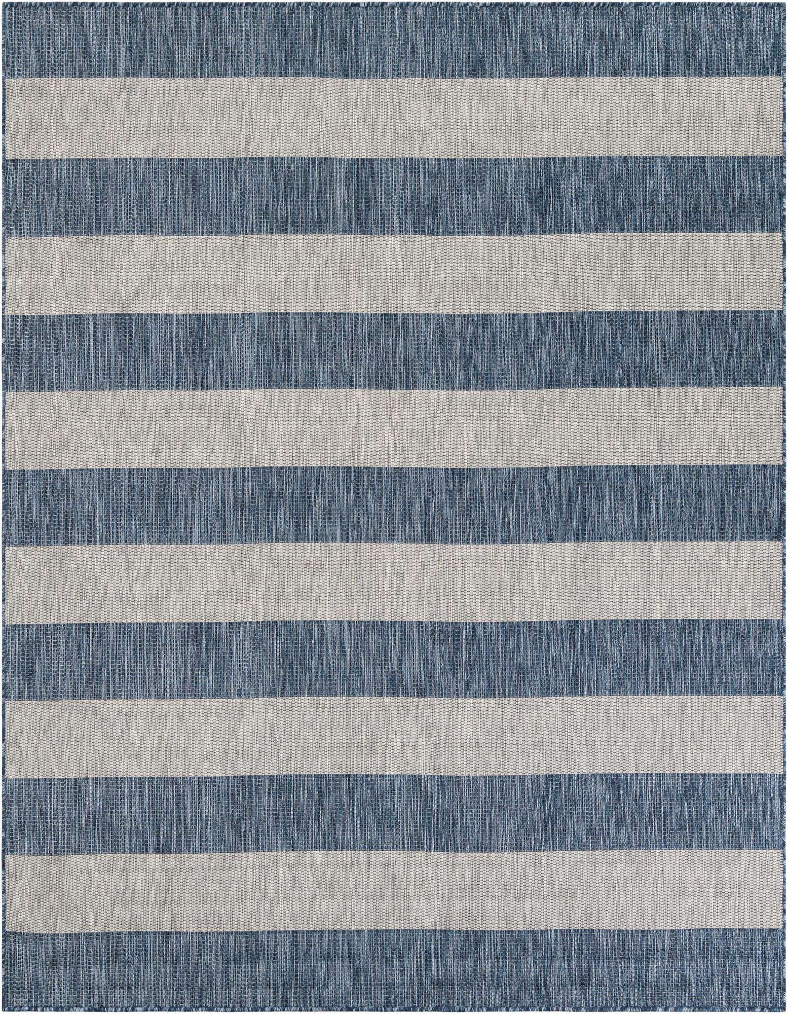 A square 7' 10 x 7' 10 Rugs.com Outdoor Ribbon rug featuring wide horizontal stripes in varying shades of blue and light gray, suitable for a patio.