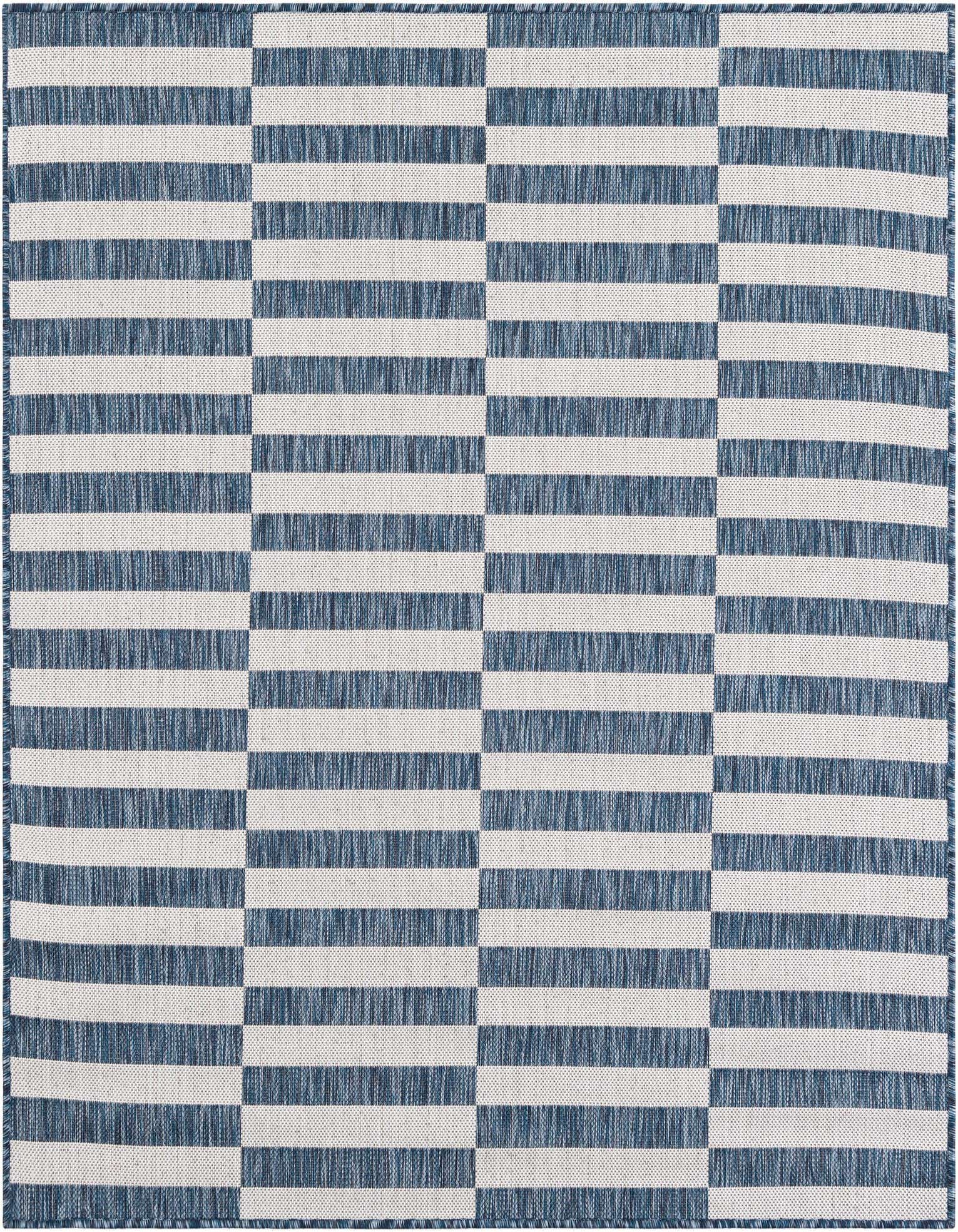 A square 5' 3 x 5' 3 blue and white modern striped rug, perfect for indoor or outdoor use.