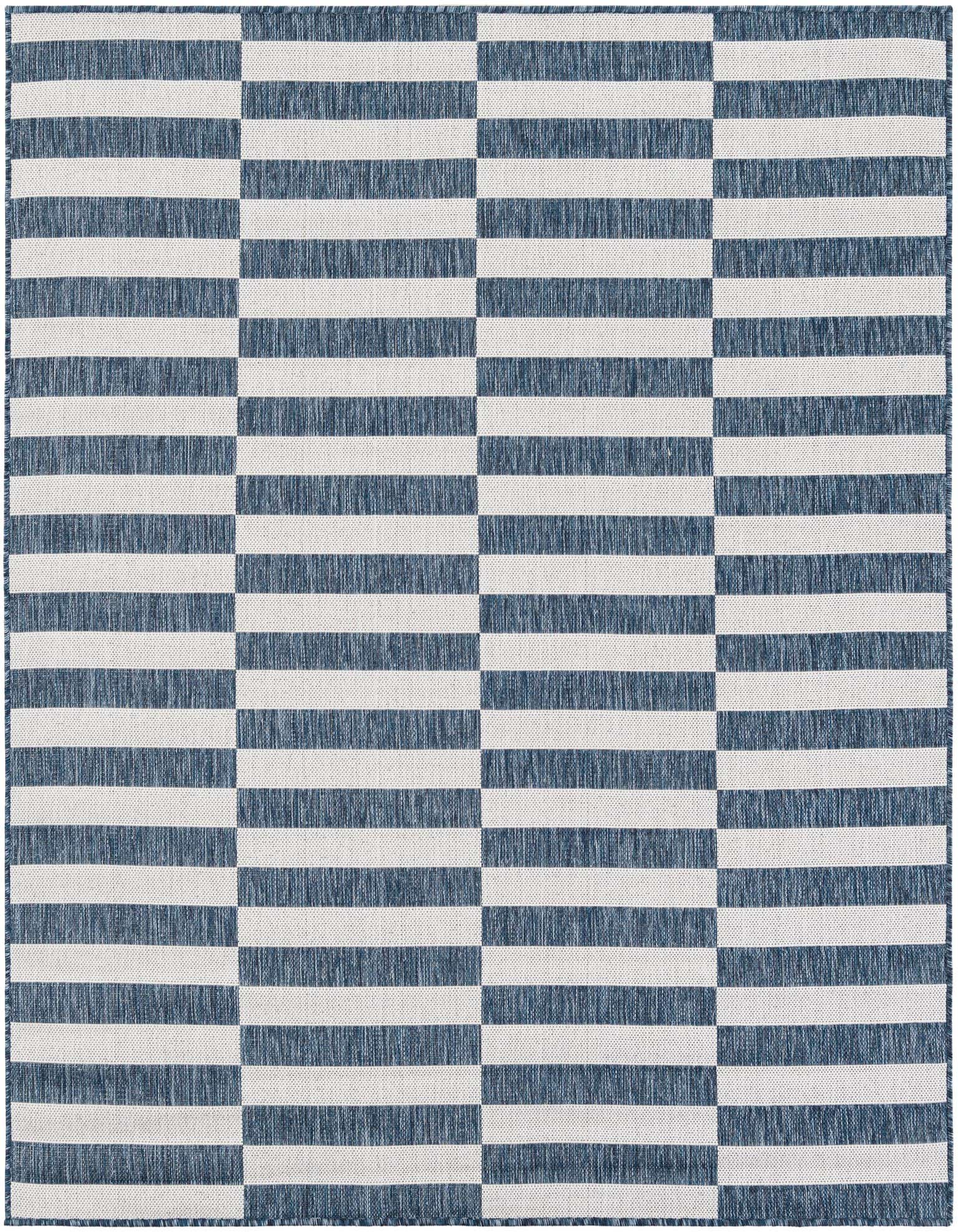 A 6x6 square blue and white striped flatweave rug with a modern geometric pattern, suitable for indoor or outdoor use.