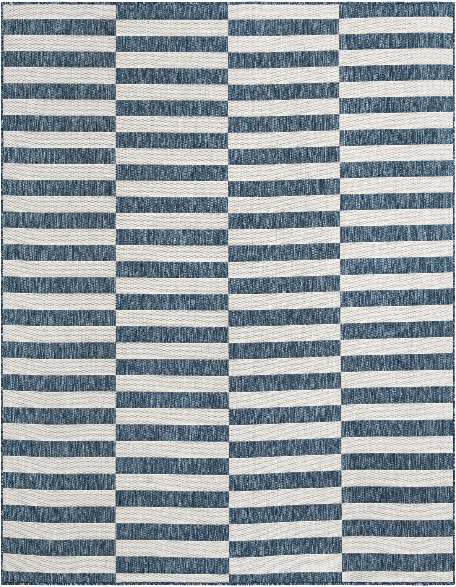 A 7' 10 x 7' 10 square blue and white striped flatweave rug with a modern geometric pattern, suitable for a patio.