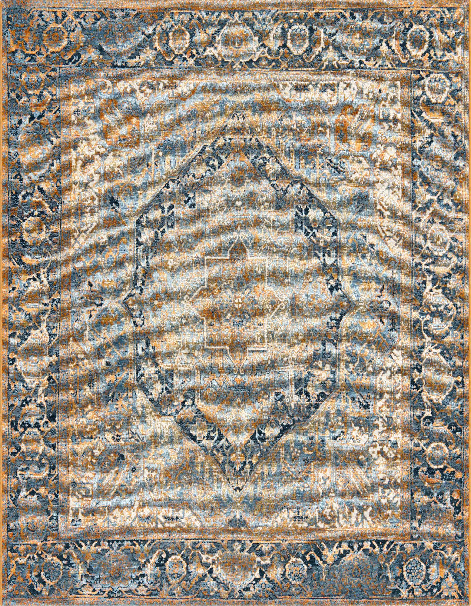 A 6'x6' square blue and orange traditional outdoor rug with a distressed floral medallion pattern.