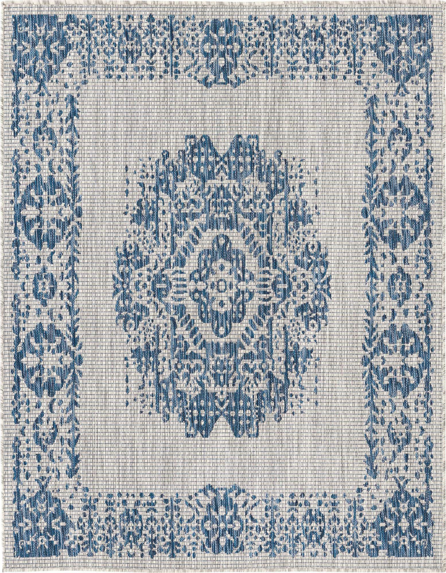 A 5' 3 x 5' 3 square blue and white flatweave rug with a distressed medallion and border pattern, suitable for indoor or outdoor use.