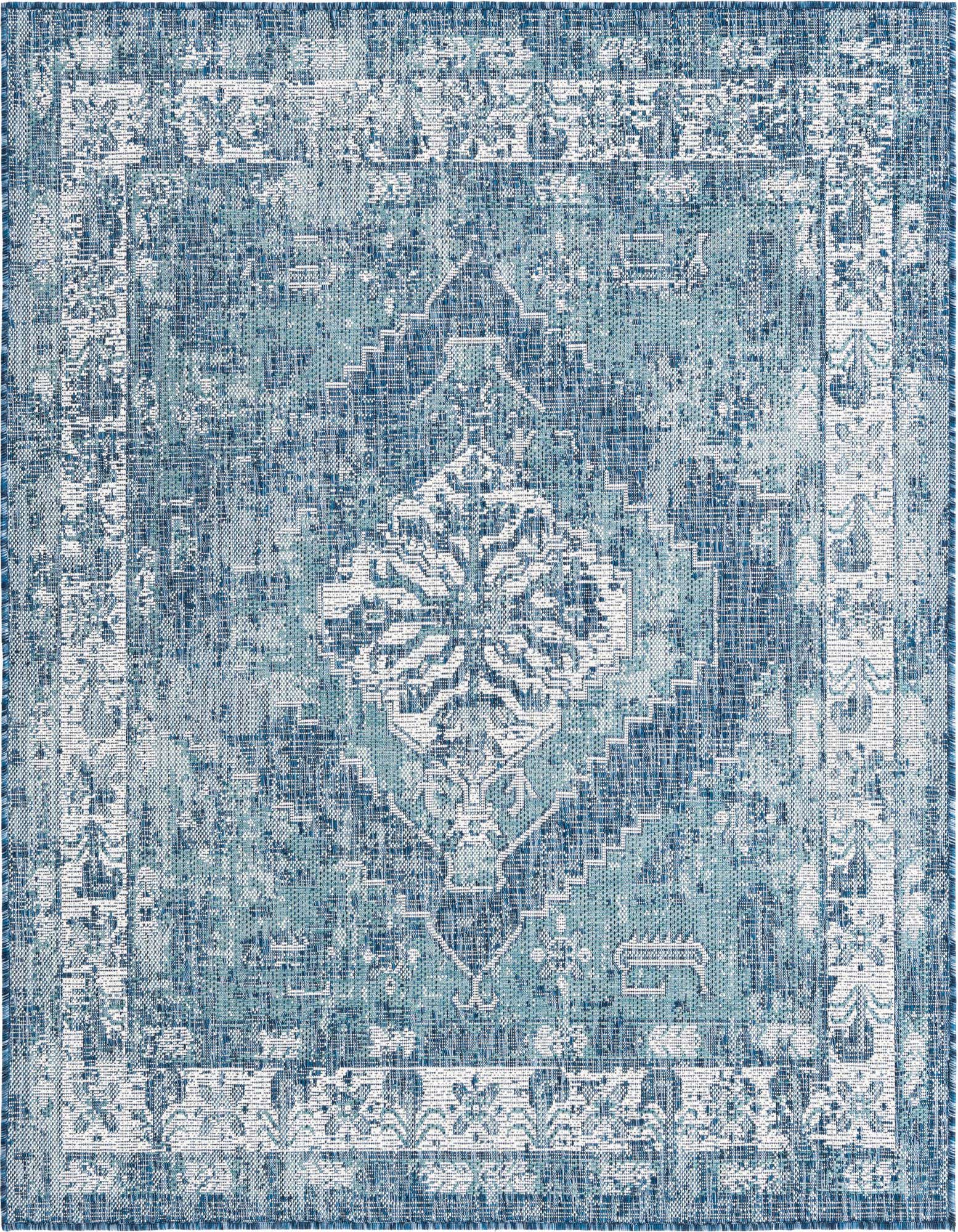 A 5' 3 x 5' 3 square blue indoor/outdoor rug with a distressed Southwestern and traditional pattern.