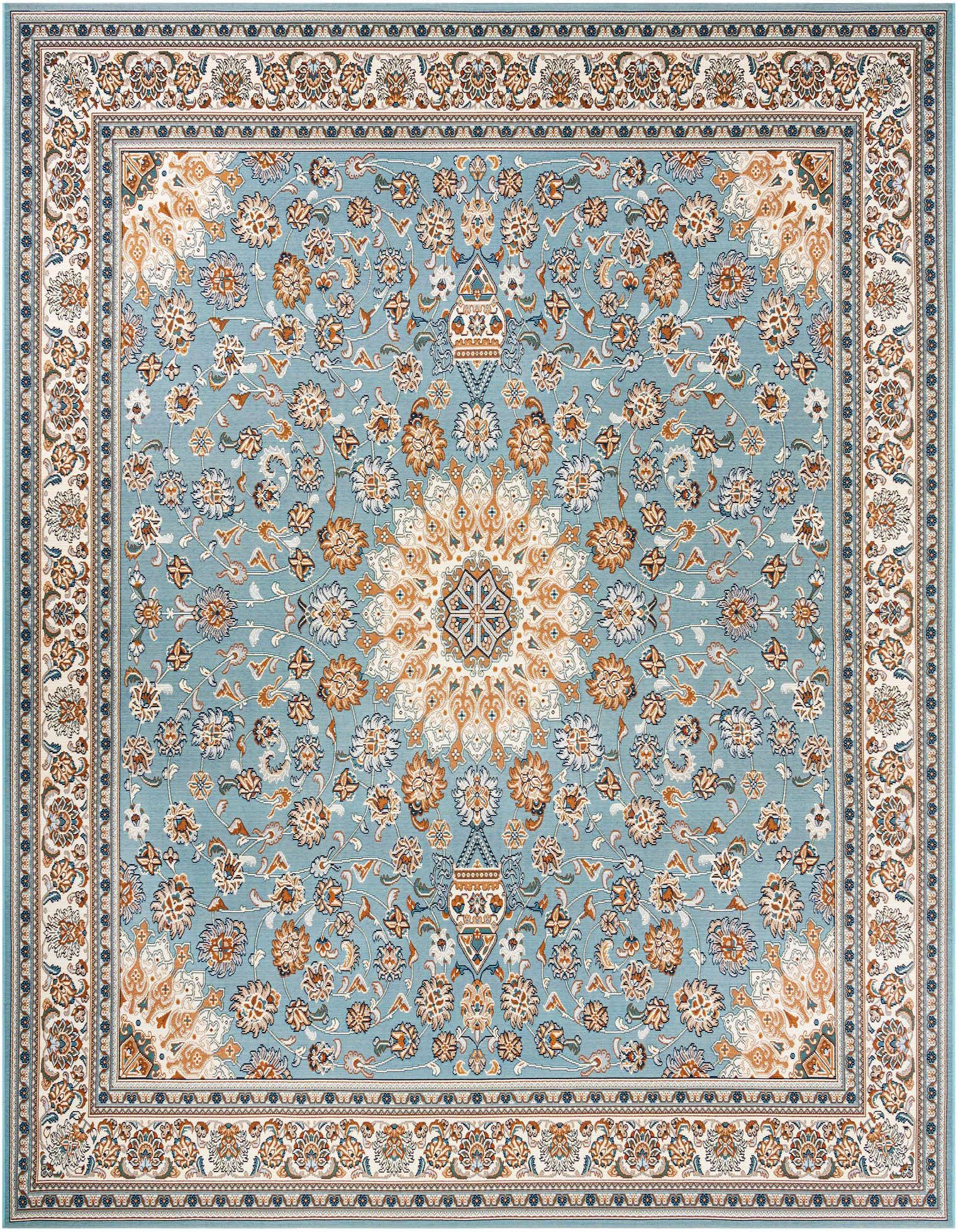 A 10'x10' square blue modern rug with a central medallion and intricate floral patterns in orange, cream, and darker blue, suitable for a patio.