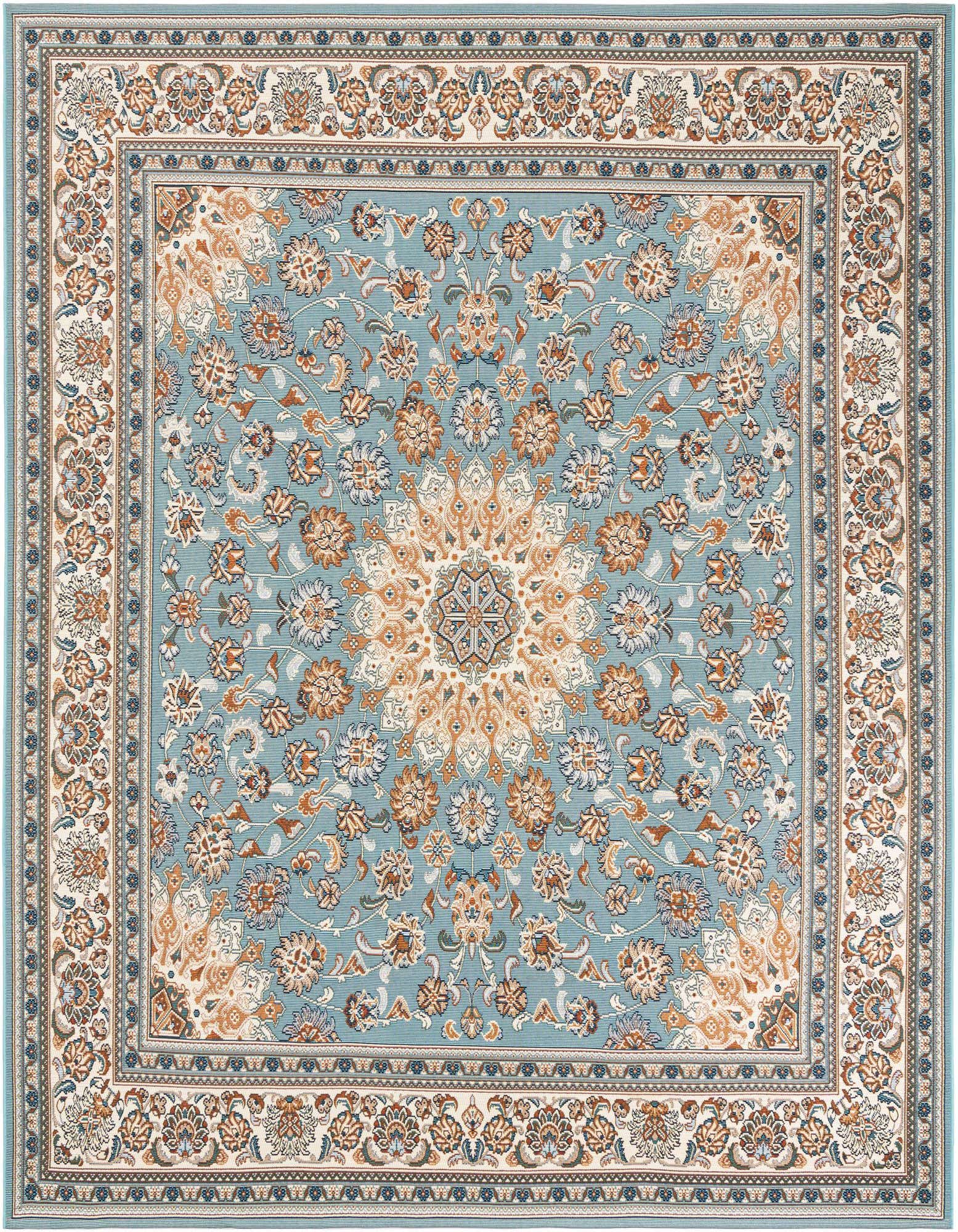 A 7' 10 x 7' 10 square blue Oriental rug with a central medallion and floral border, suitable for indoor or outdoor use.