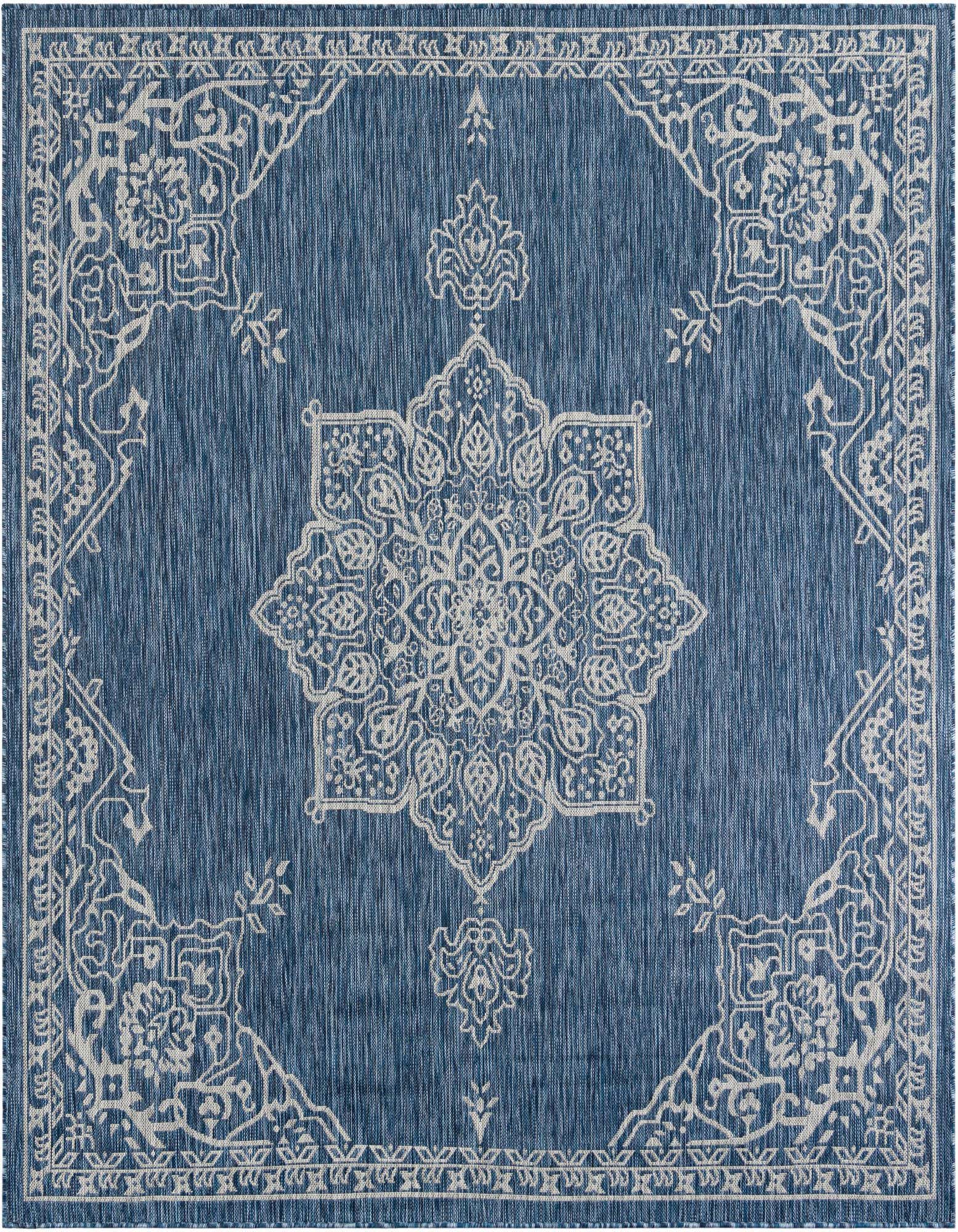 A 7' 10 x 7' 10 square blue indoor/outdoor rug with a large white traditional medallion pattern in the center and ornate corner details.