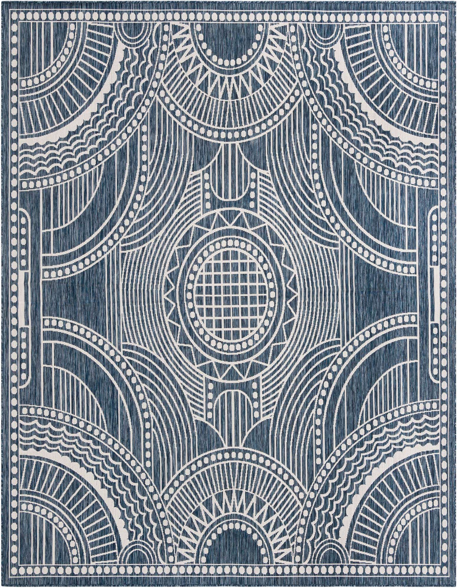 A 10'x10' square blue and white outdoor rug with a modern medallion pattern, featuring concentric circles and geometric lines.