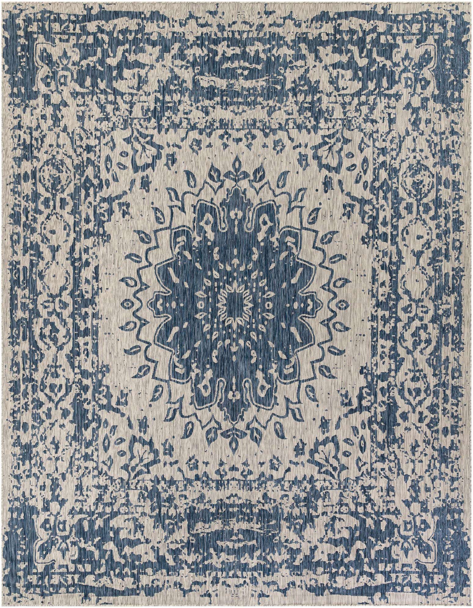 A 12' square blue and beige indoor/outdoor rug with a vintage medallion pattern, ideal for a patio.