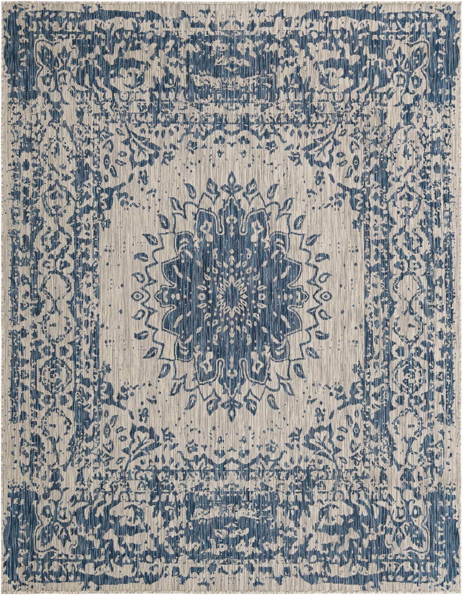 A 7' 10 x 7' 10 square blue and beige vintage medallion rug, perfect for indoor or outdoor spaces.