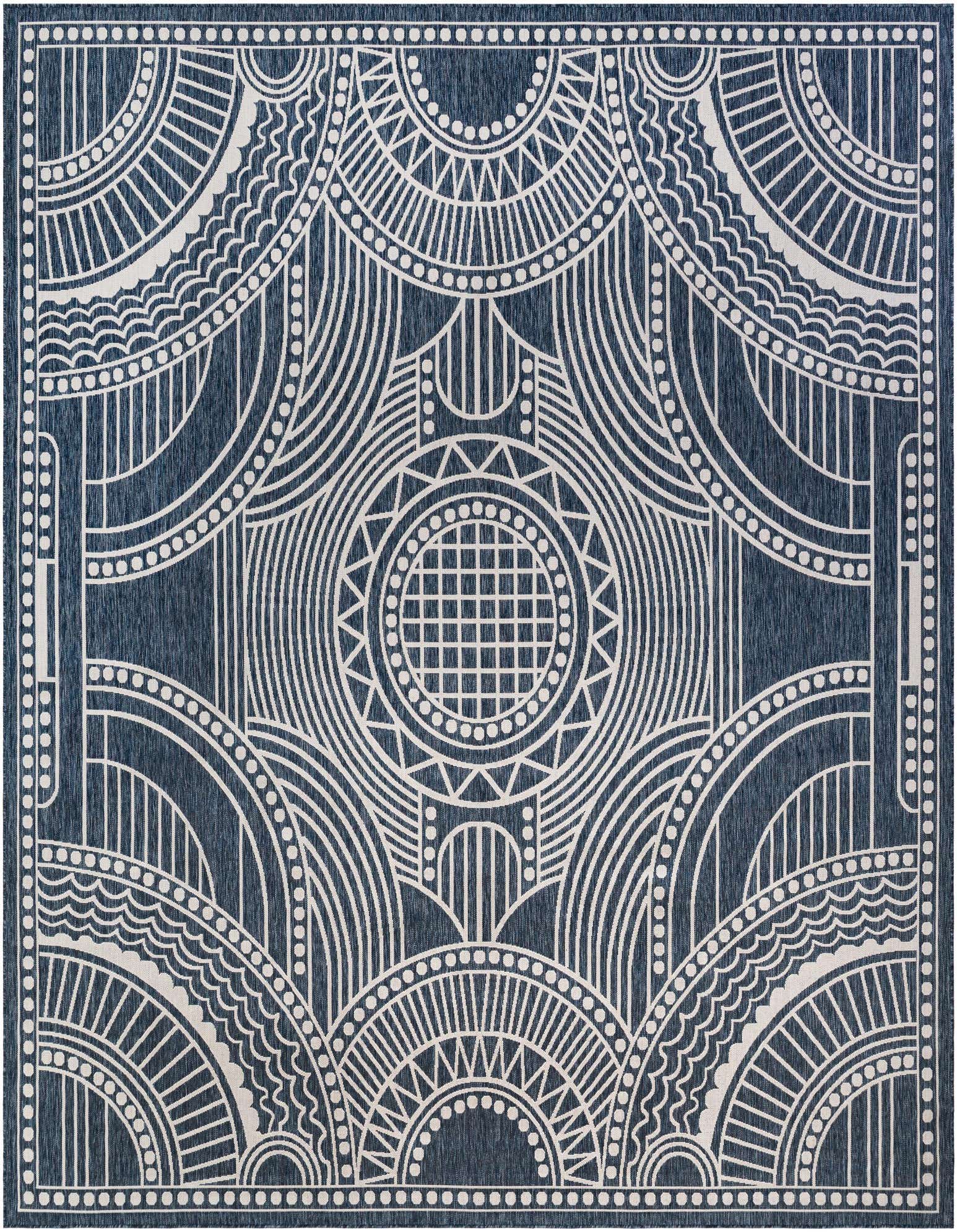 A 13' square blue indoor/outdoor rug with a white traditional medallion and geometric pattern, ideal for a patio.