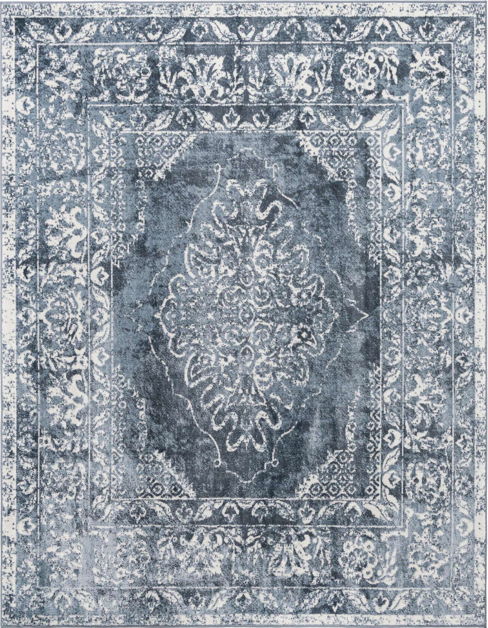 A square 7' 10 x 7' 10 blue traditional rug with a distressed vintage medallion pattern in varying shades of blue and white.