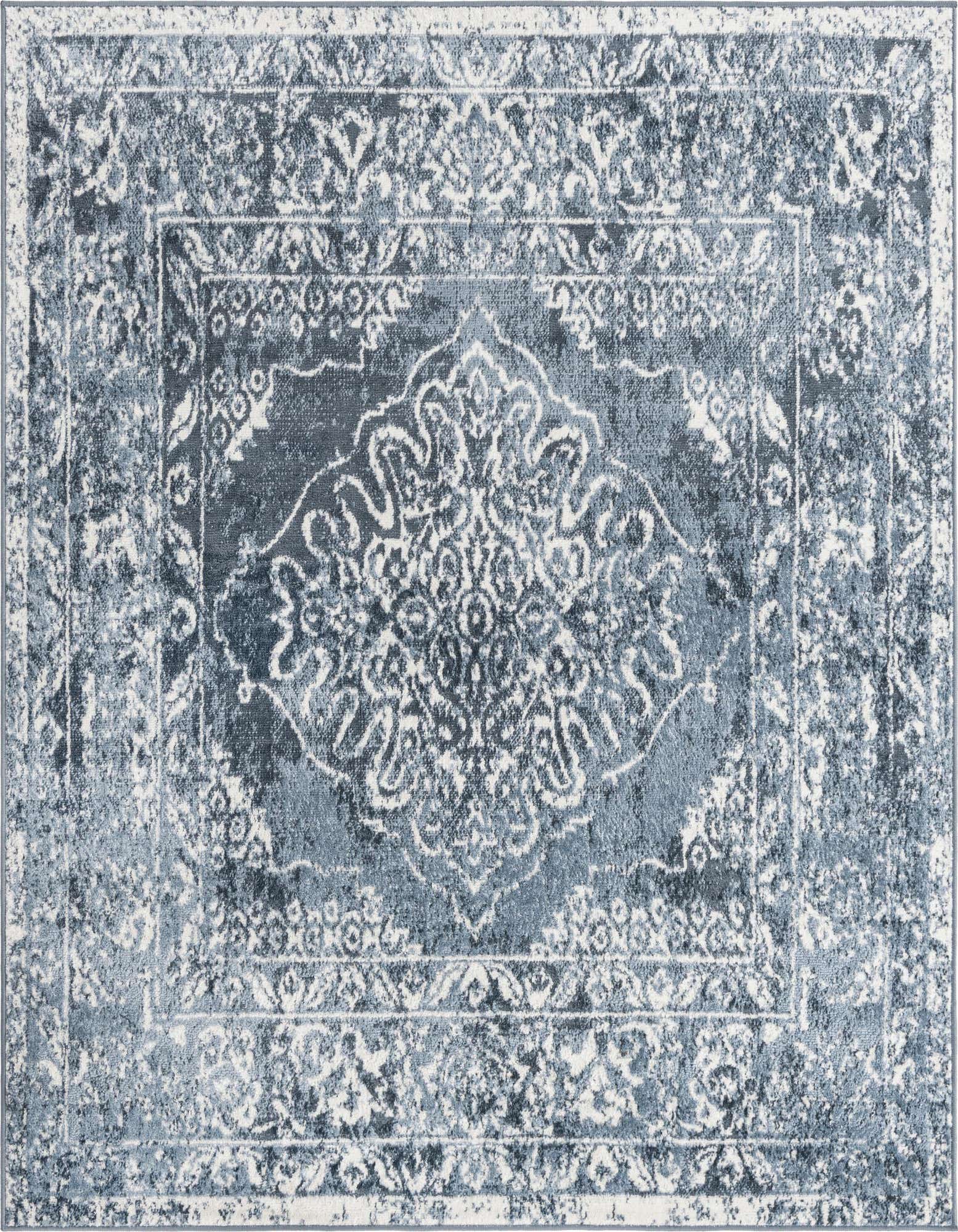 A 6' 0 x 6' 0 square blue traditional rug with a distressed vintage medallion pattern, ideal for an indoor living space.