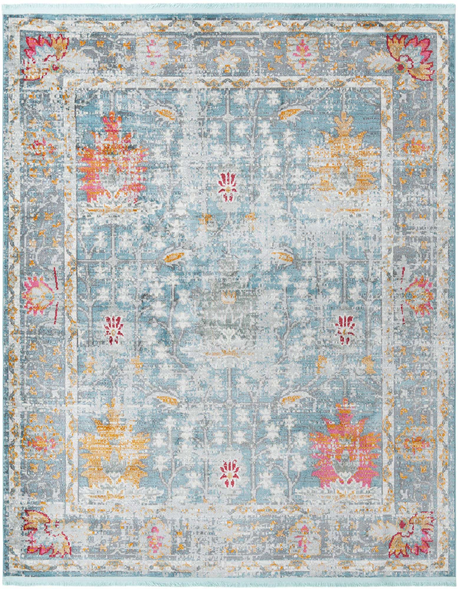 A square 8' 2 x 8' 2 blue polypropylene rug featuring a distressed traditional floral pattern in shades of blue, grey, orange, and pink.