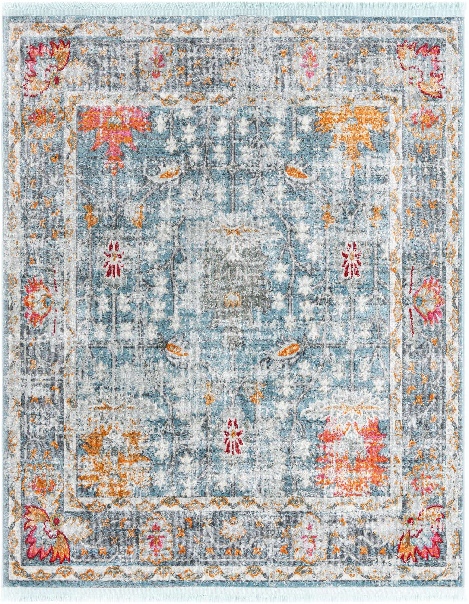 A 5' 5 x 5' 5 square blue traditional rug with a distressed vintage oriental floral pattern in shades of blue, grey, orange, and red.