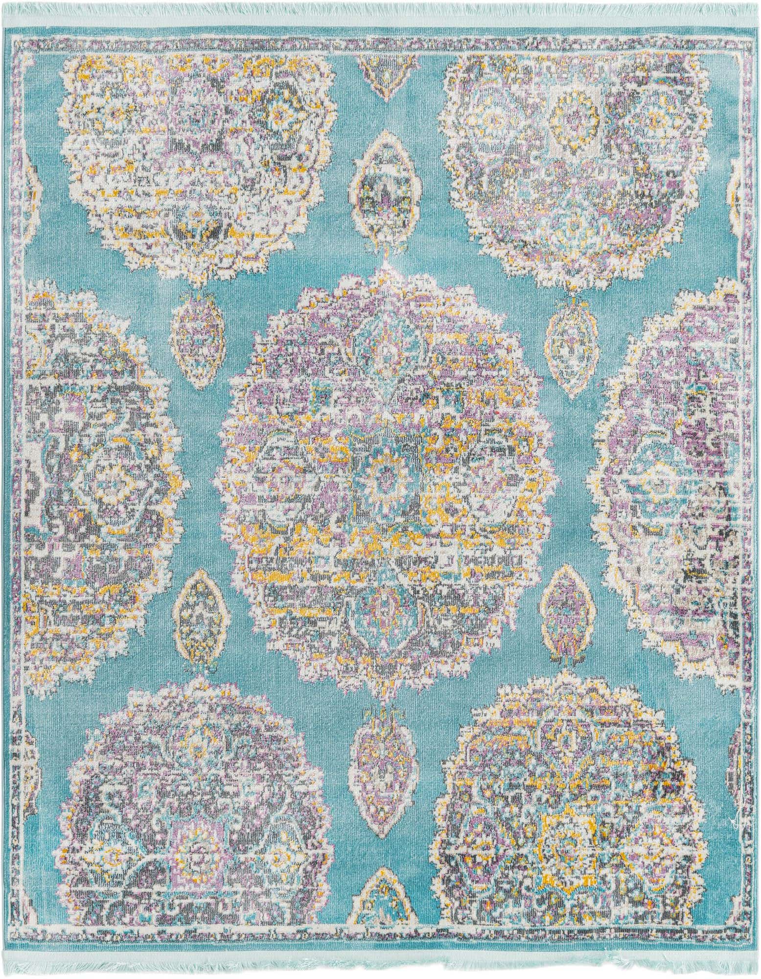 A 5' 5 x 5' 5 square blue Bohemian rug with large, distressed floral medallions in purple, yellow, and white.