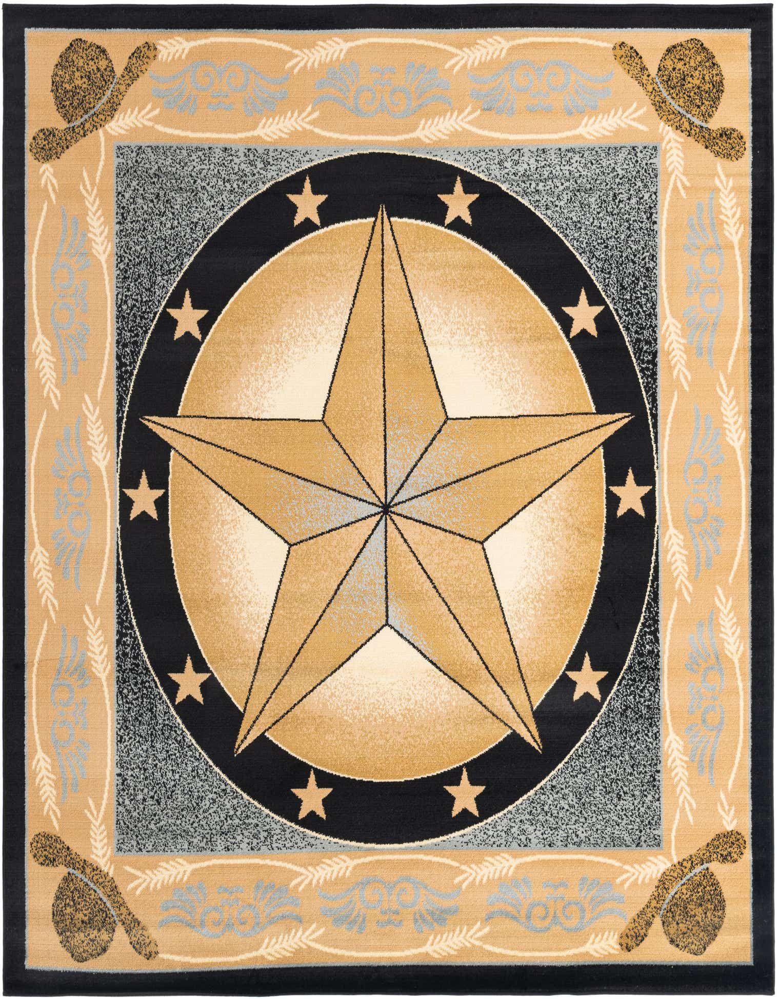 A square rustic rug with a large gold star medallion on a black and gray speckled background, framed by a beige border with blue scrollwork and cowboy hats.