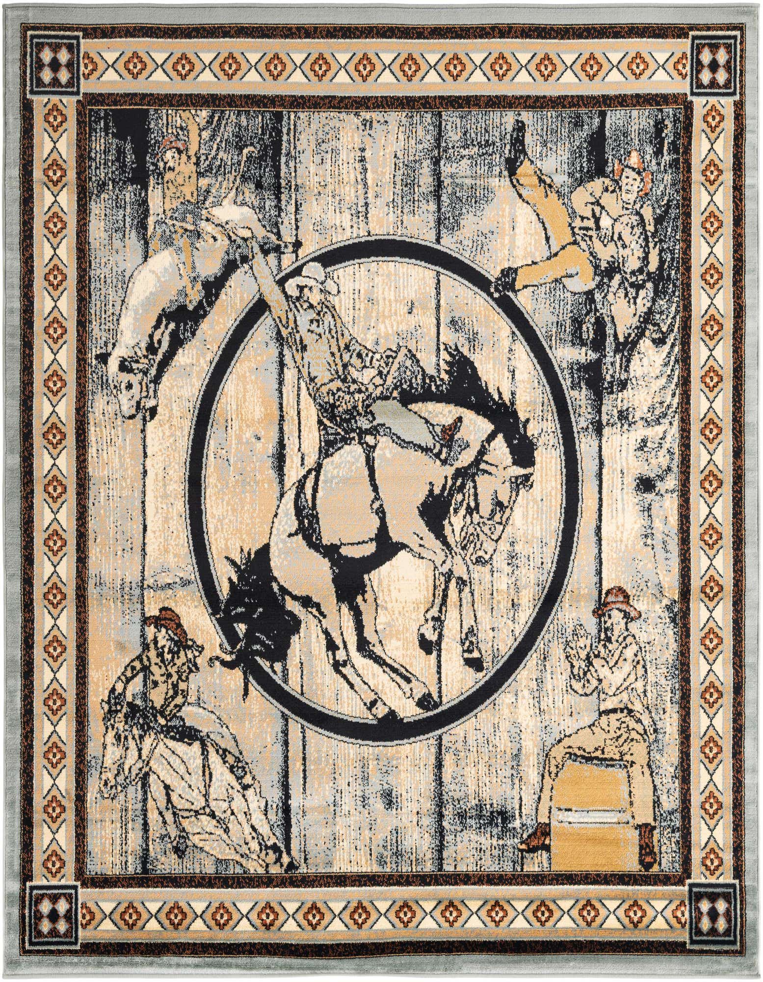 A square Rugs.com Pioneer rug featuring a rodeo scene with cowboys on bucking horses and a barrel racer, set against a distressed wood-look background, with a decorative border.