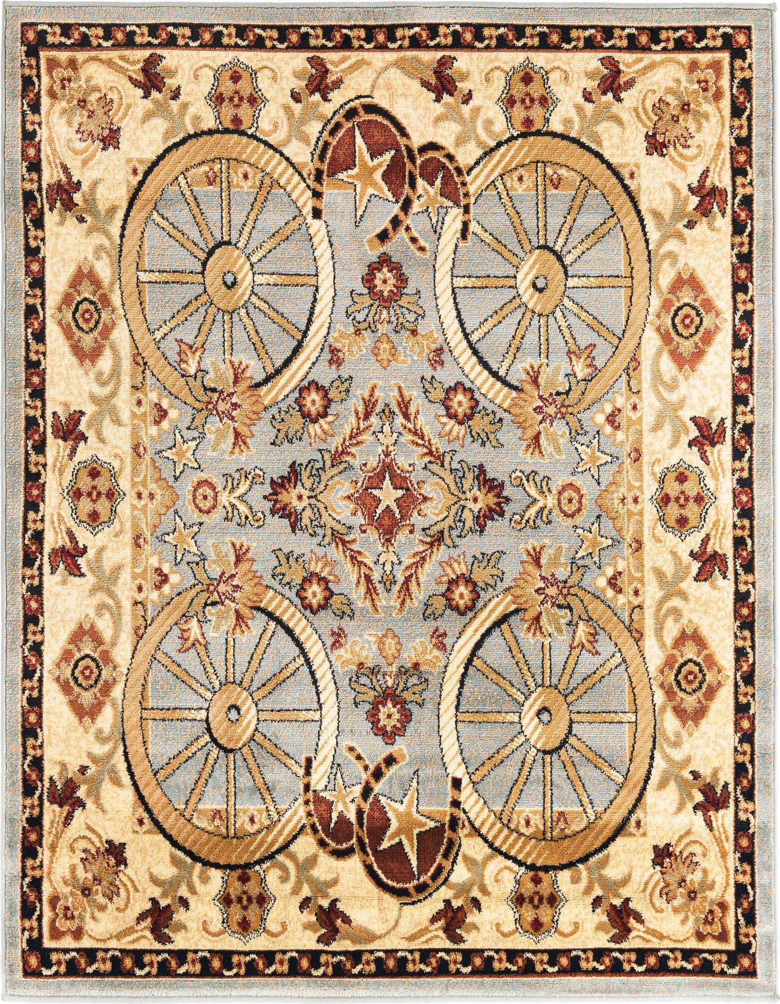 A 5'3" x 5'3" square Pioneer Collection rug featuring a rustic medallion design with wagon wheels, horseshoes, and stars in blues, cream, and gold.