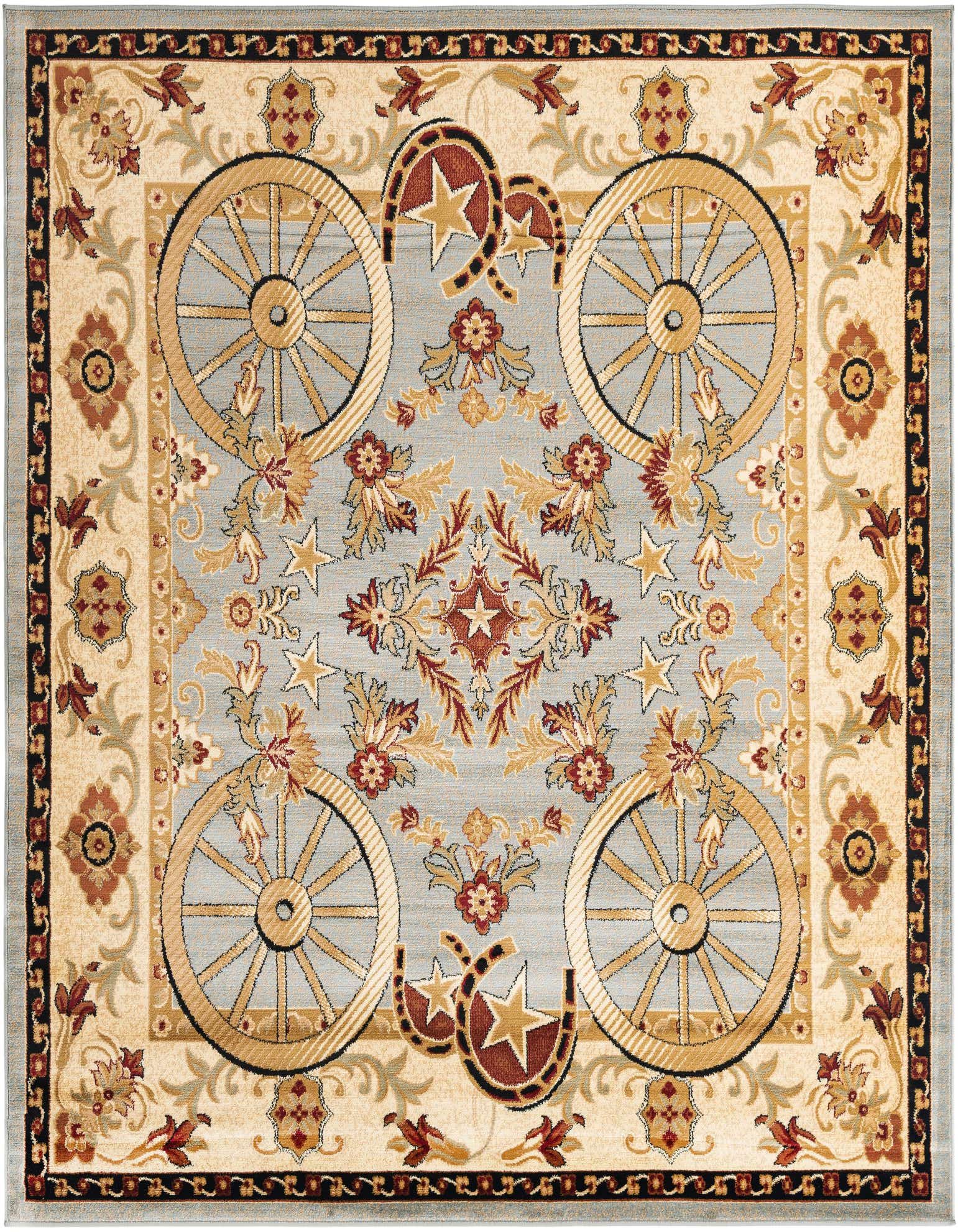 A square blue rustic rug featuring a central medallion with stars, surrounded by four wagon wheels and horseshoes, all framed by a floral border.