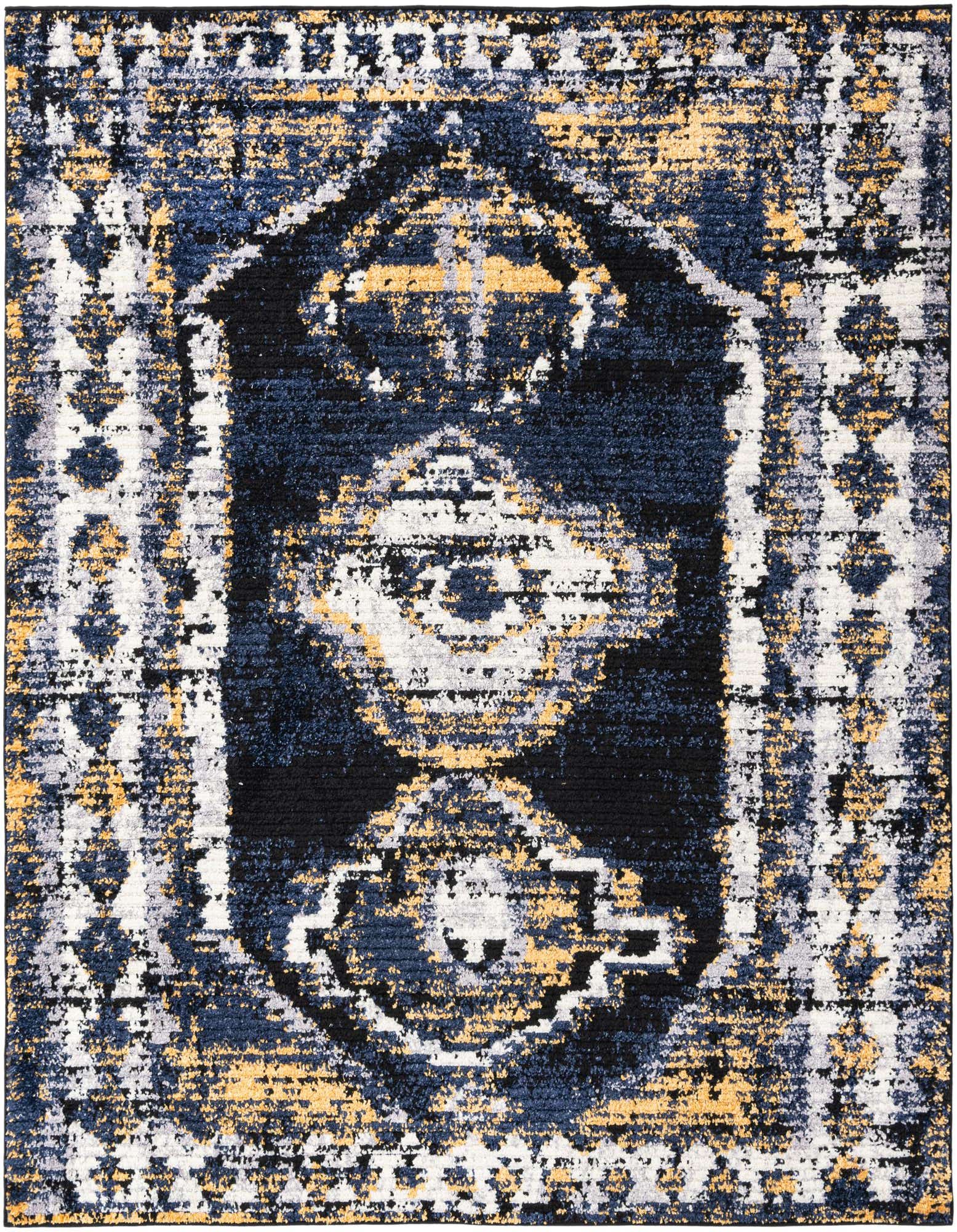 A square blue, gold, and white Southwestern-style rug with a distressed tribal pattern, perfect for a living room.