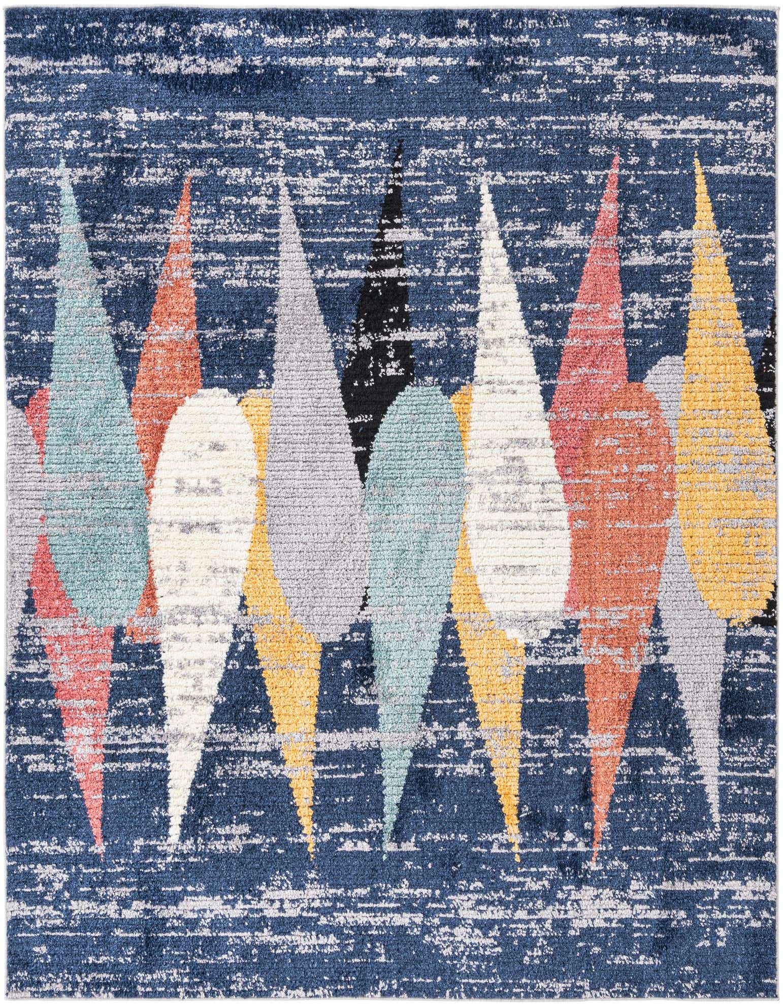 A square blue modern rug with a textured pile, featuring a pattern of colorful abstract shapes in teal, orange, yellow, gray, and white.