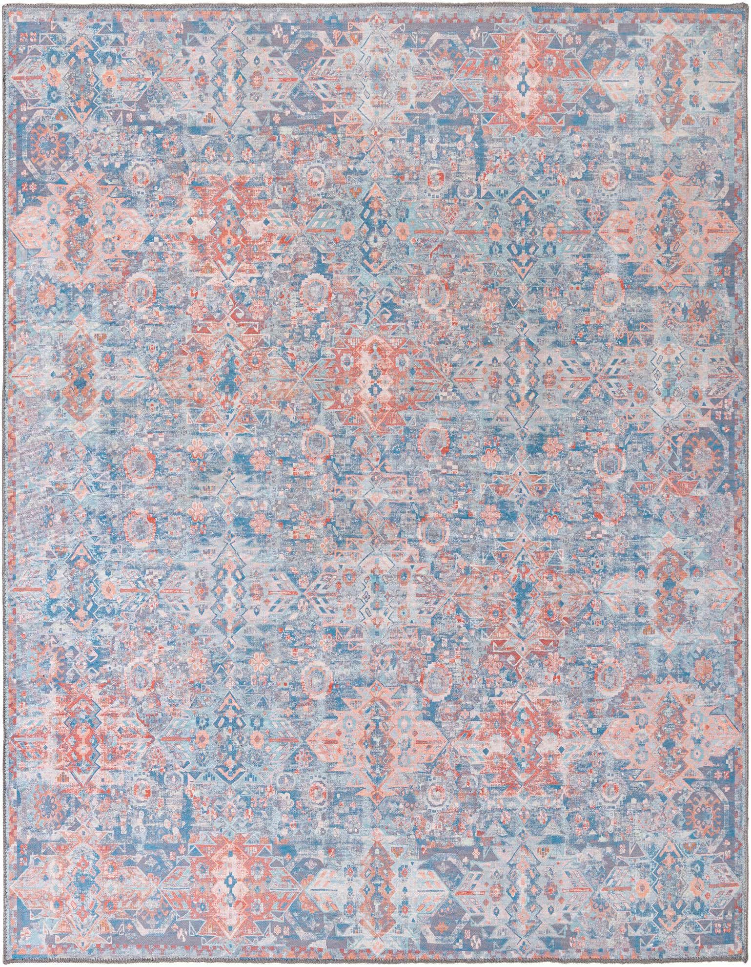 A 7' 7 x 7' 7 square blue transitional rug with a distressed vintage-inspired oriental and tribal pattern in shades of blue and hints of peach.