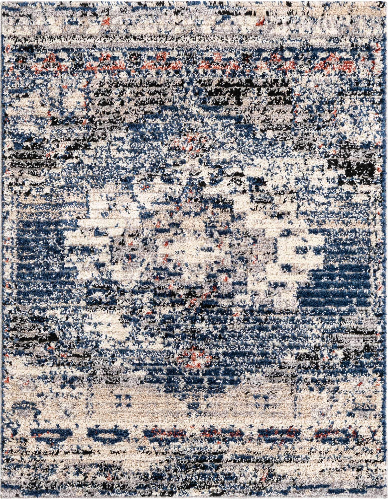 A 4'x4' square Tucson rug featuring a distressed Southwestern medallion pattern in varying shades of blue, cream, black, and hints of orange.