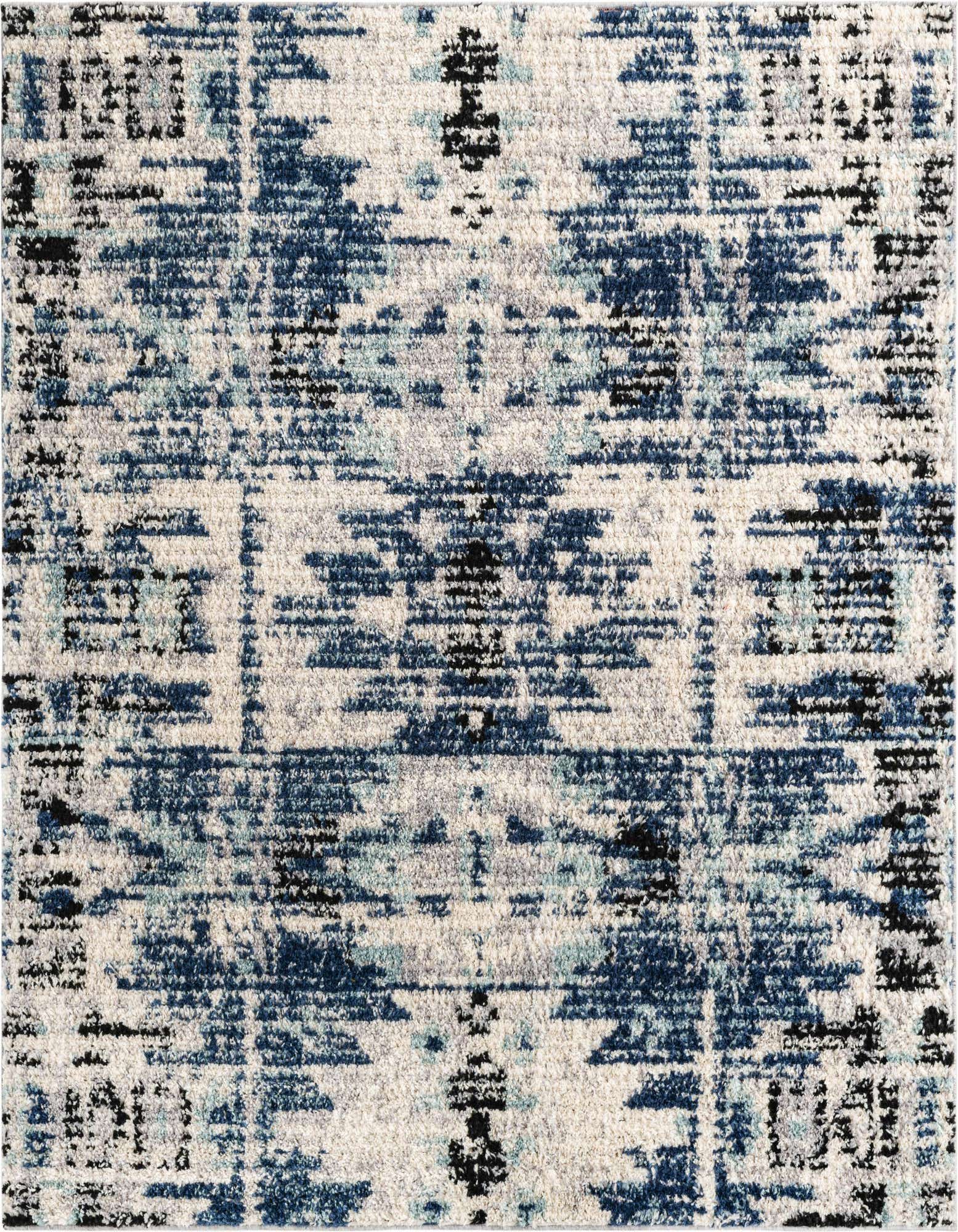 A square 6' x 6' blue, white, and black shag rug with a modern Southwestern abstract pattern.