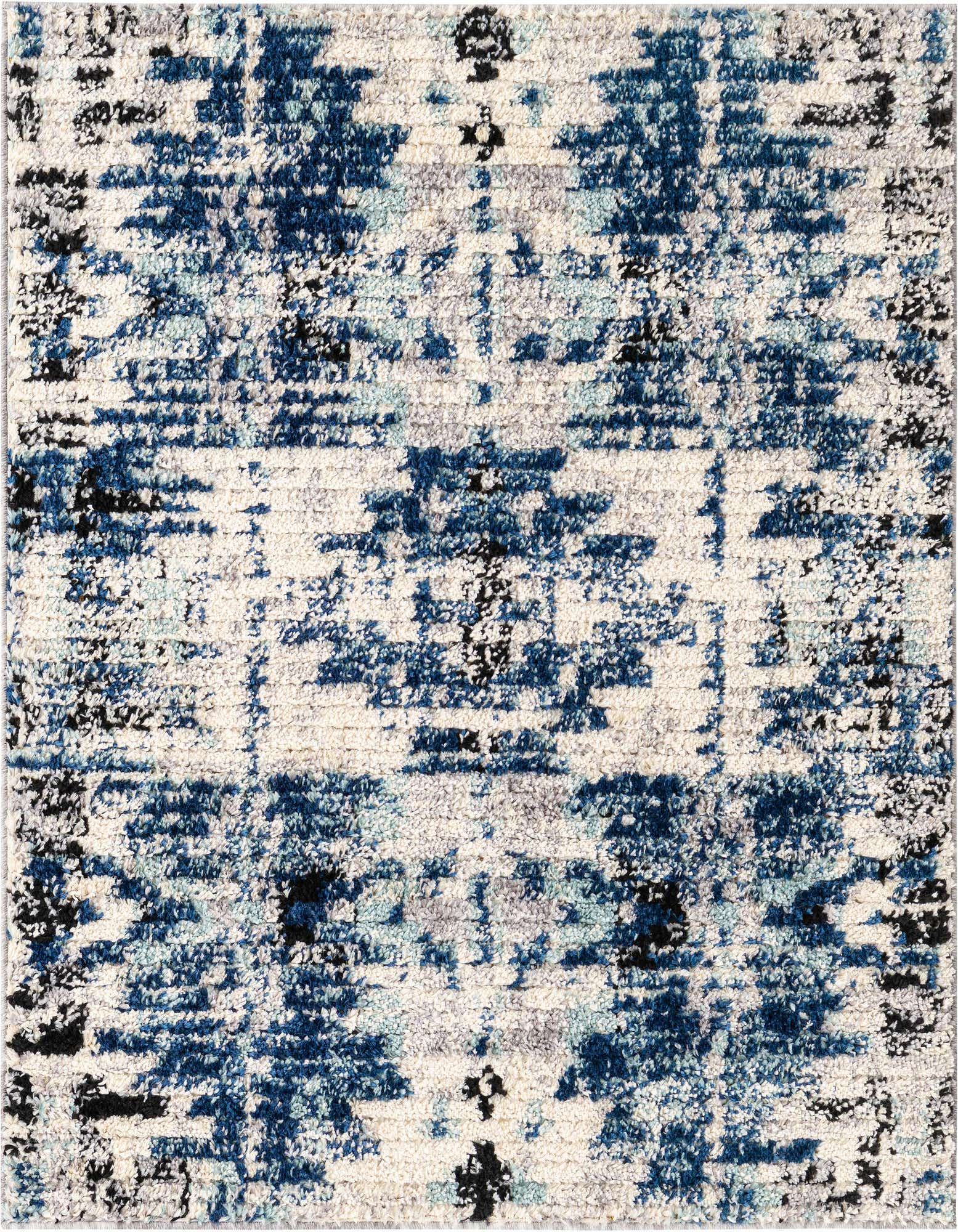 A square 4' 0 x 4' 0 shag rug featuring an abstract Southwestern pattern in various shades of blue, white, and black.