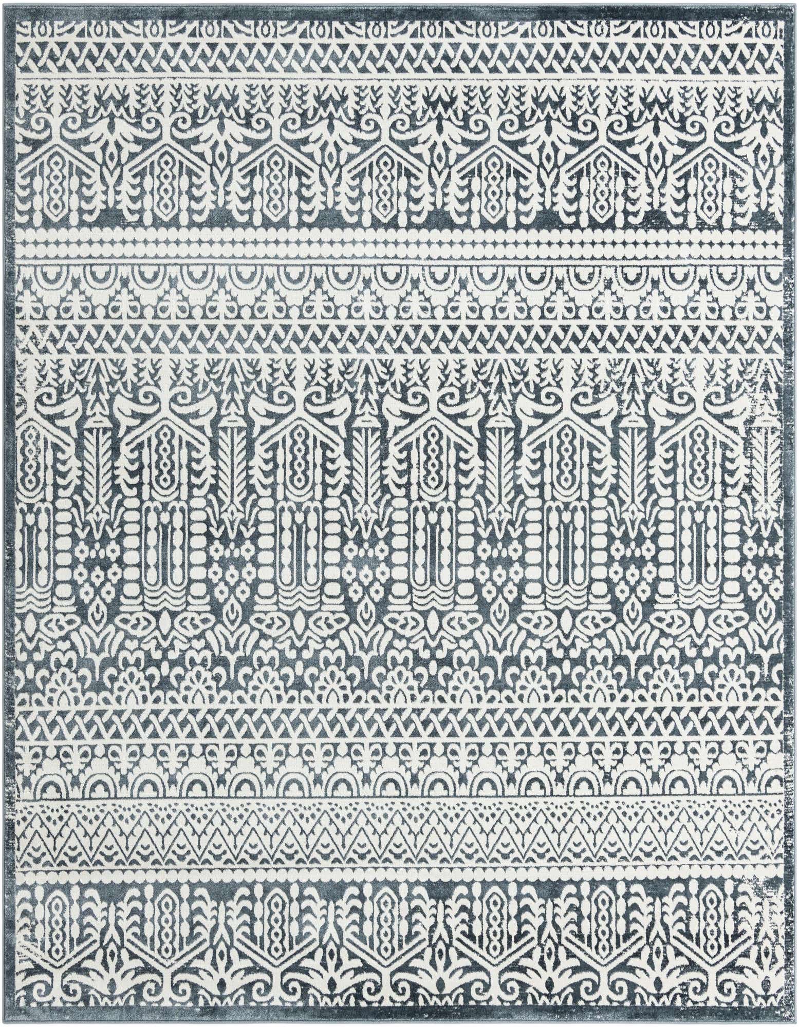 A square 7'10" x 7'10" blue and white farmhouse style rug with intricate striped patterns.