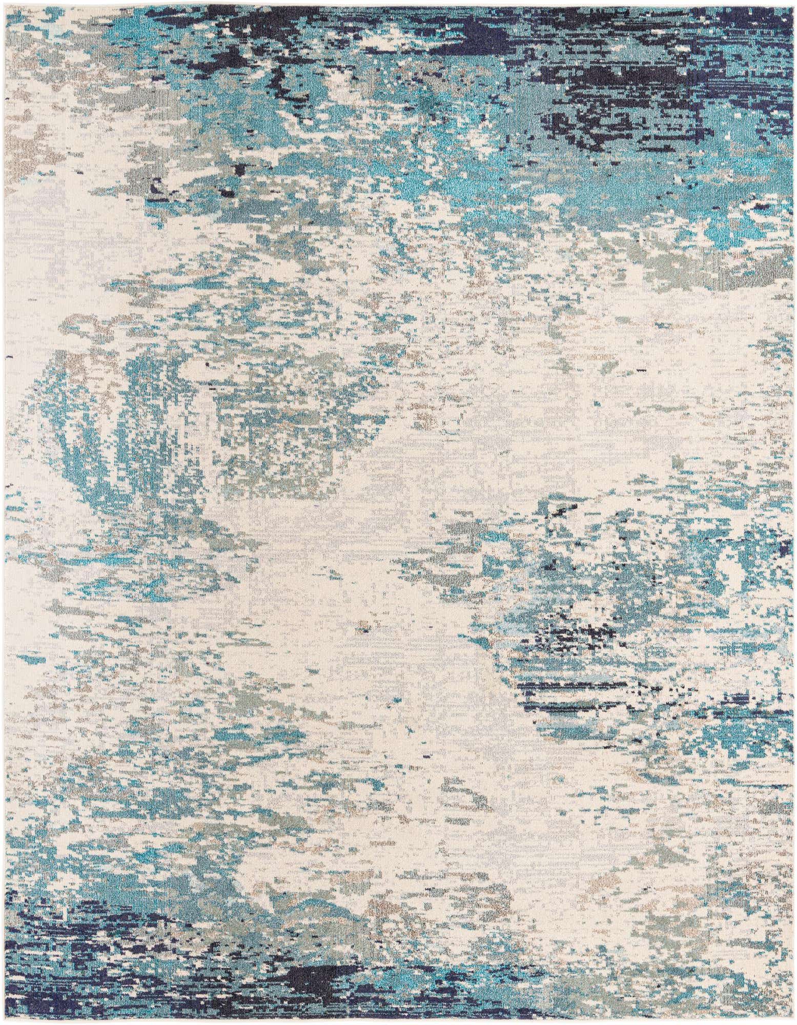 A 9'10" x 9'10" square area rug featuring an abstract, modern coastal design with shades of blue, teal, and hints of beige on an off-white background.